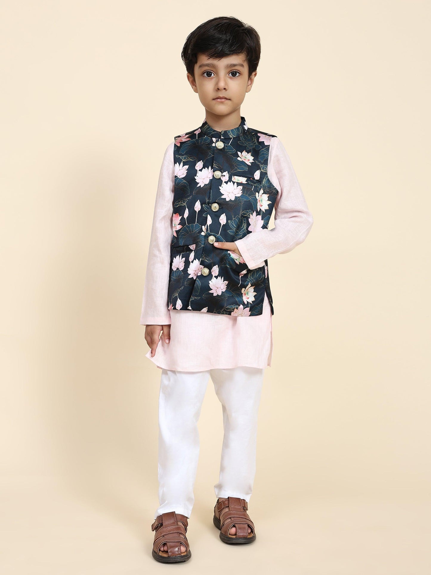 Lotus Print Satin Koti with Pink Kurta White Pajama Set - Funny Bones Clothings