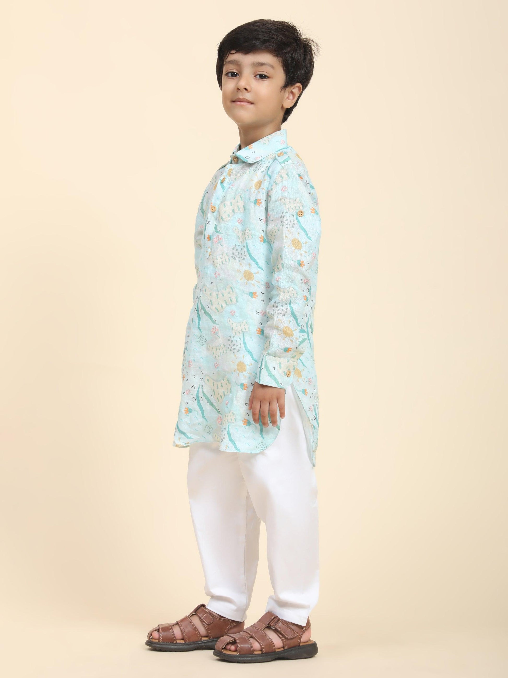 Waterlife Print Pure Linen Kurta and Premium Cotton Pajama Set - Funny Bones Clothings