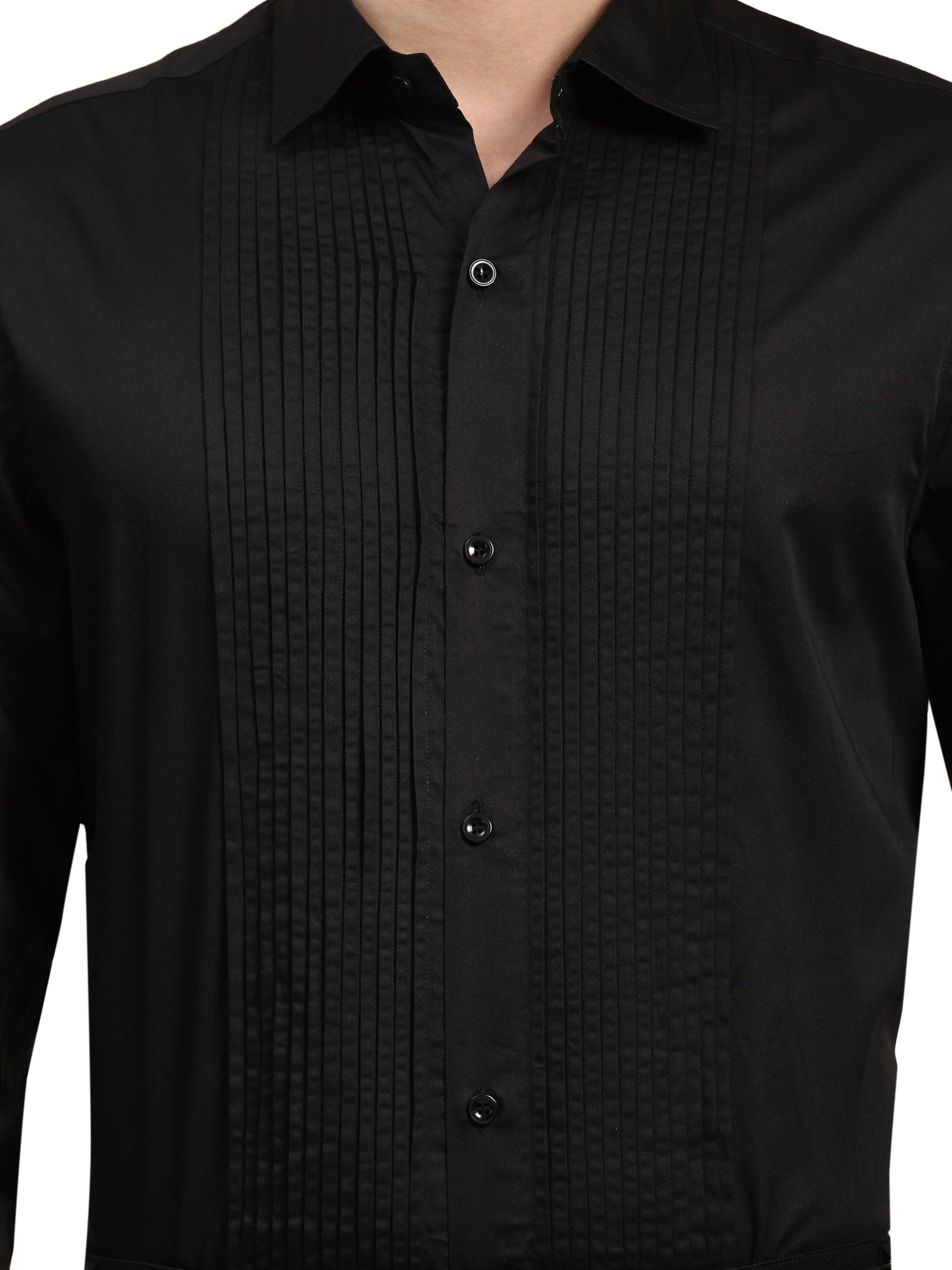 Full Pintex Tuxedo Shirt 100% Premium Cotton Satin for Men (Black Colour) - Funny Bones Clothings