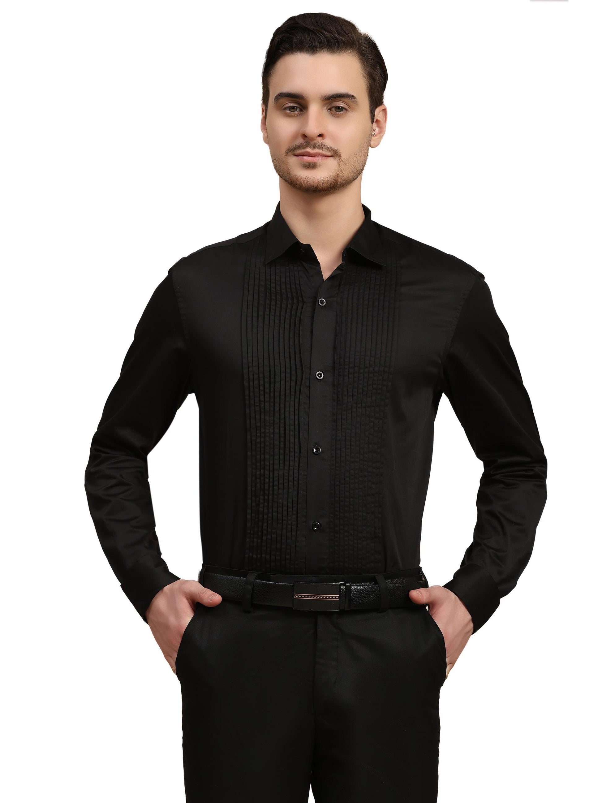 Full Pintex Tuxedo Shirt 100% Premium Cotton Satin for Men (Black Colour) - Funny Bones Clothings