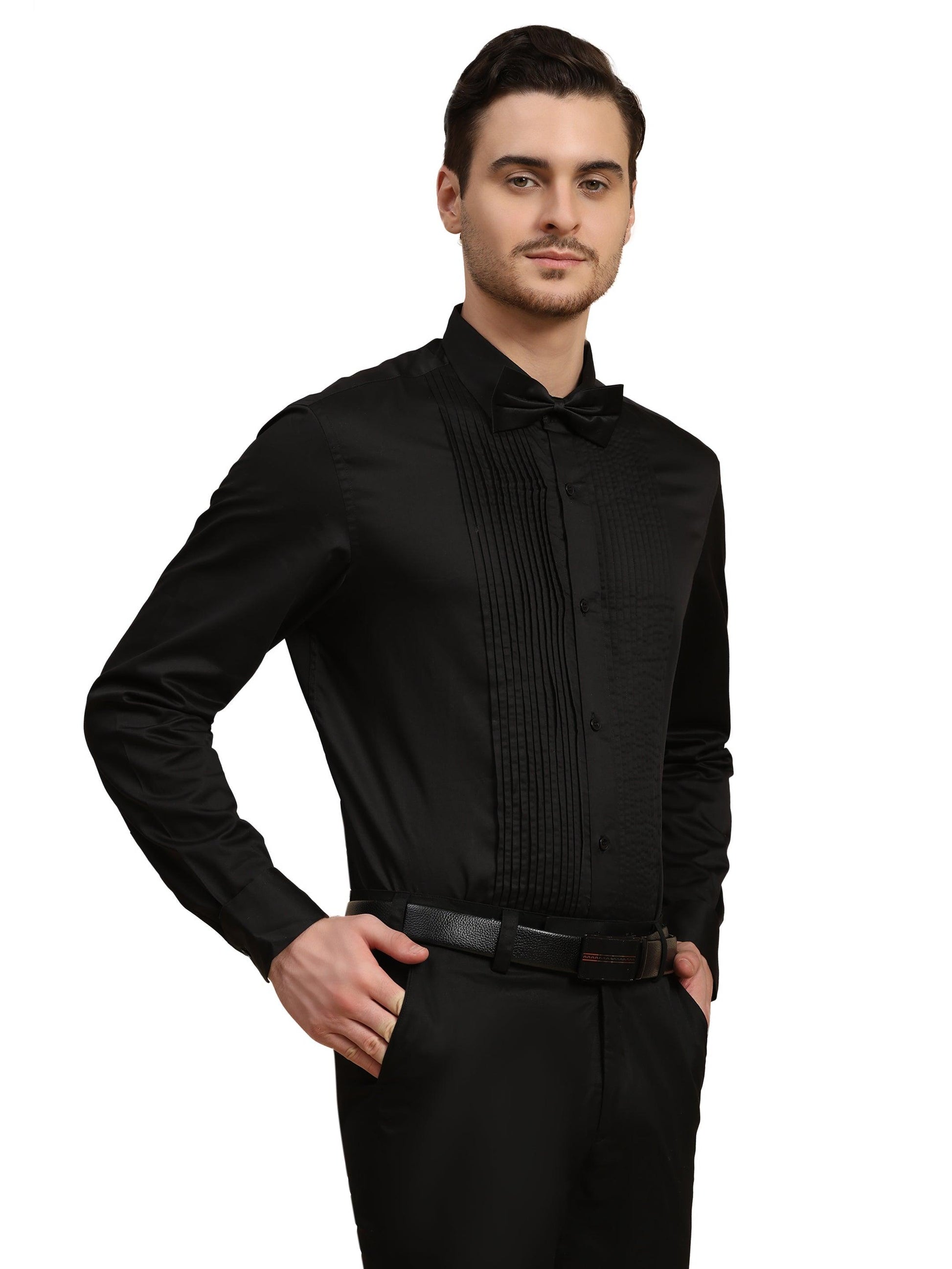 Full Pintex Tuxedo Shirt 100% Premium Cotton Satin for Men (Black Colour) - Funny Bones Clothings