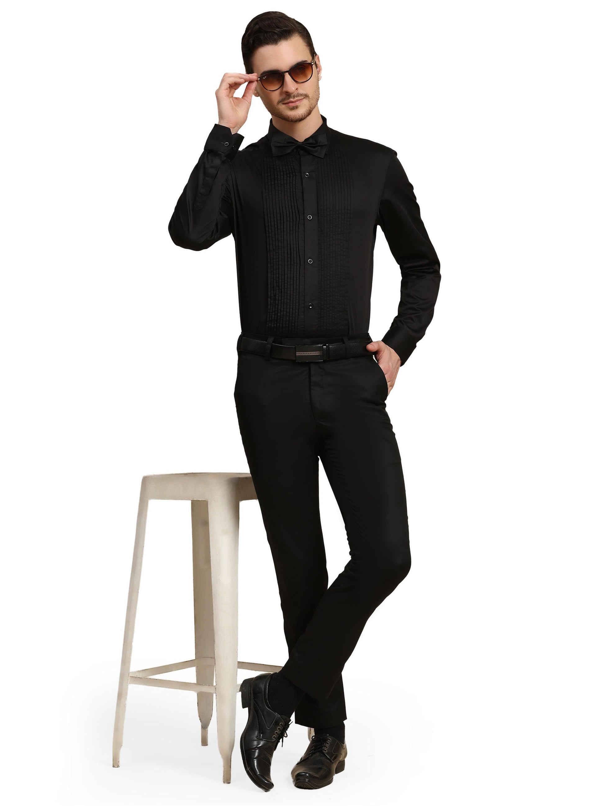 Full Pintex Tuxedo Shirt 100% Premium Cotton Satin for Men (Black Colour) - Funny Bones Clothings