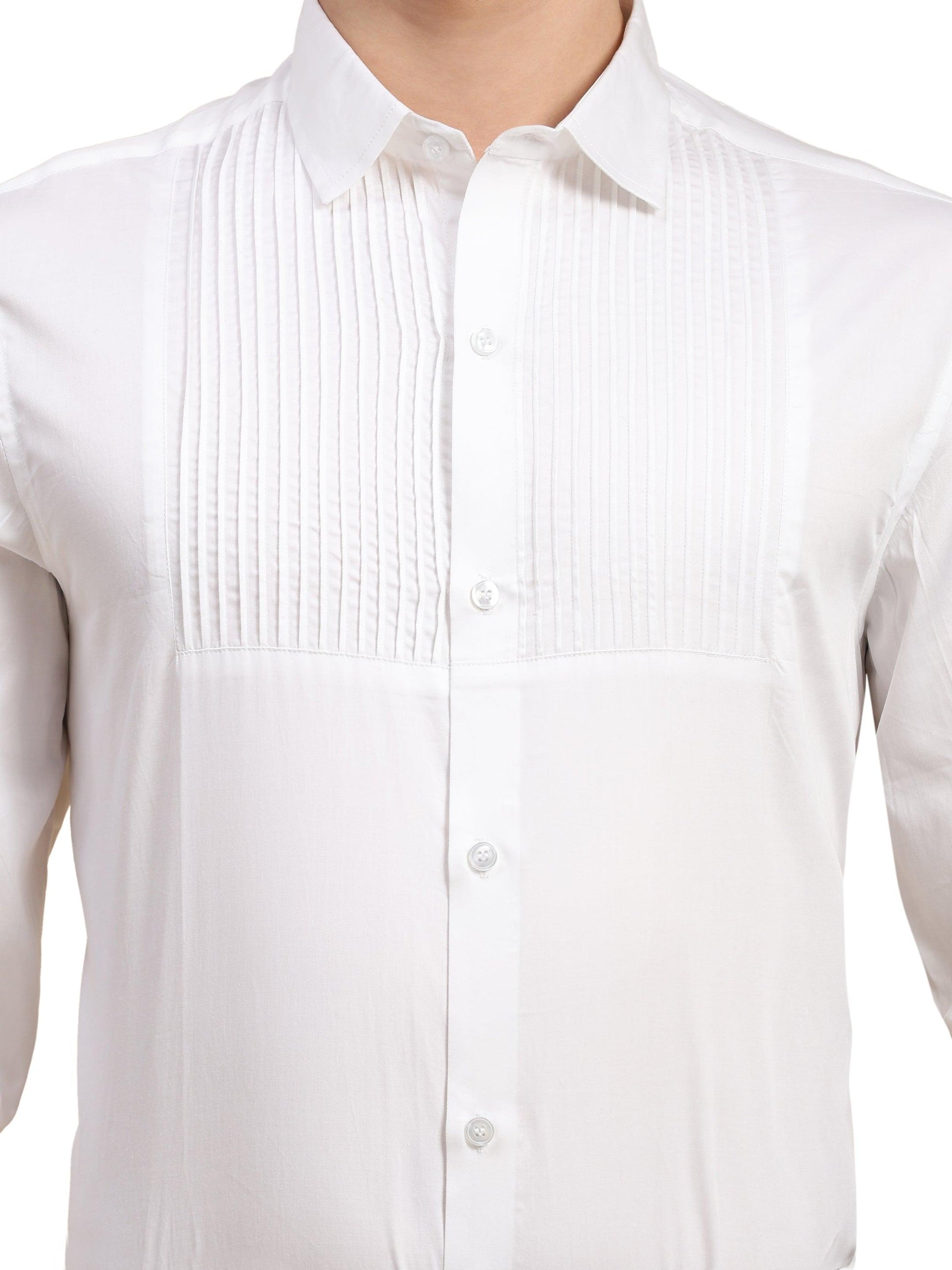 Half Pintex Tuxedo Shirt 100% Premium Cotton Satin for Men (White Colour) - Funny Bones Clothings