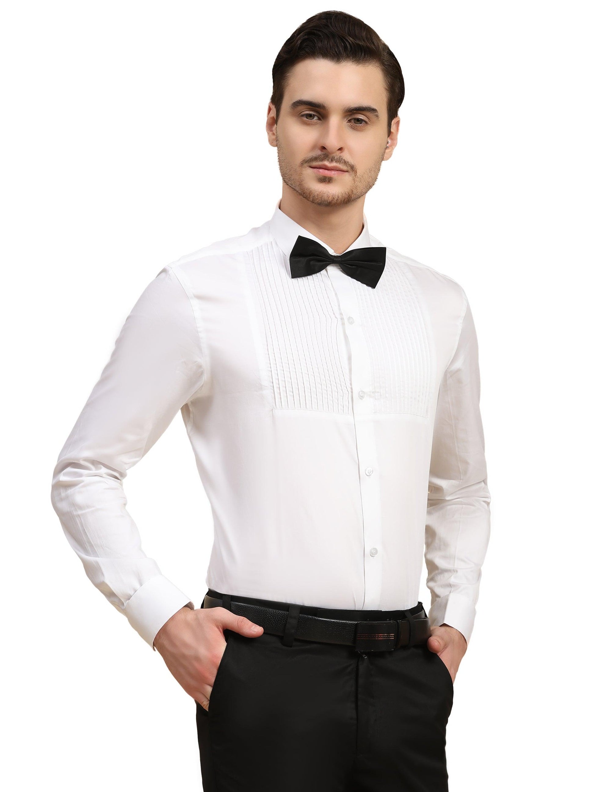 Half Pintex Tuxedo Shirt 100% Premium Cotton Satin for Men (White Colour) - Funny Bones Clothings