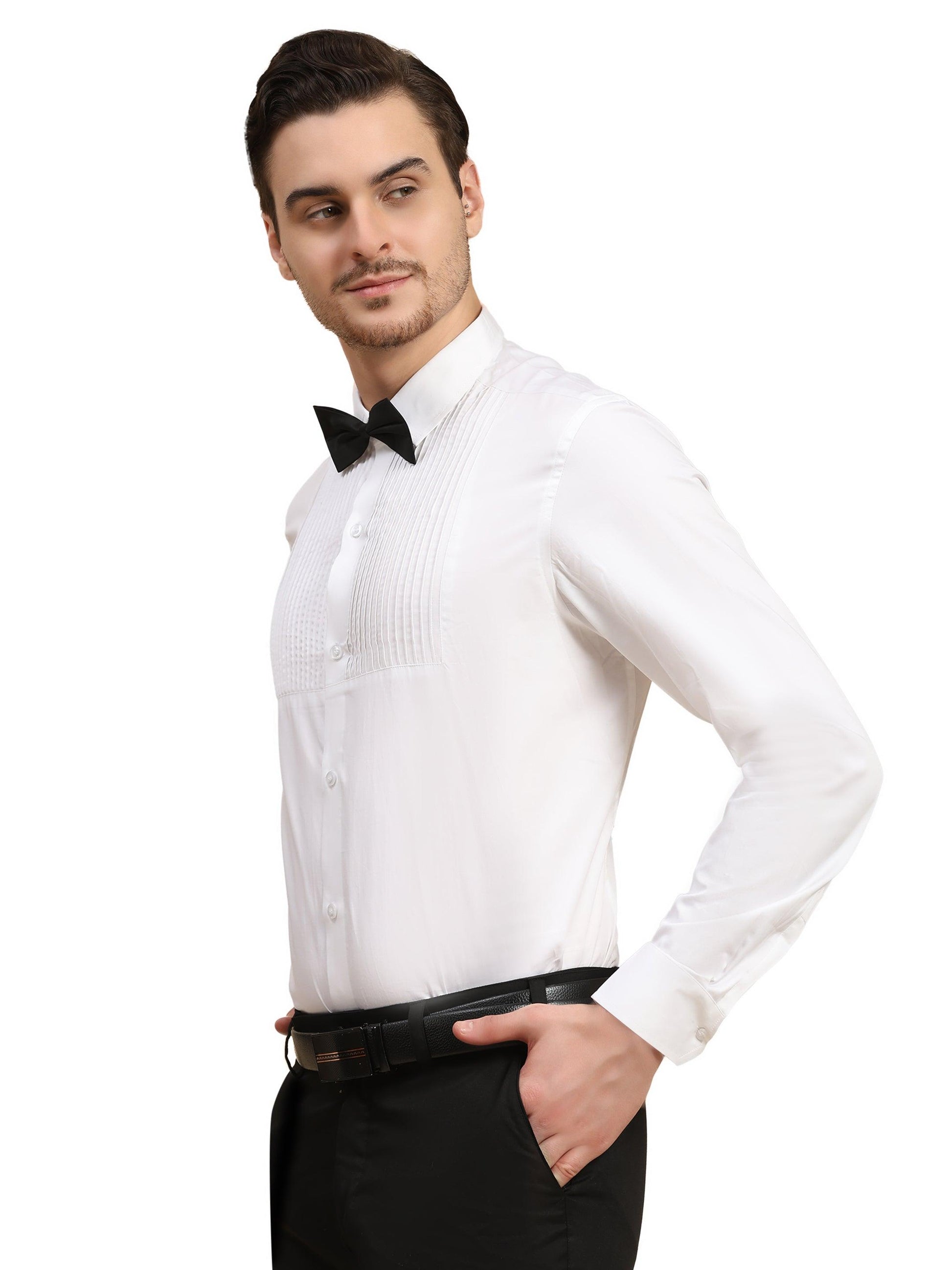 Half Pintex Tuxedo Shirt 100% Premium Cotton Satin for Men (White Colour) - Funny Bones Clothings