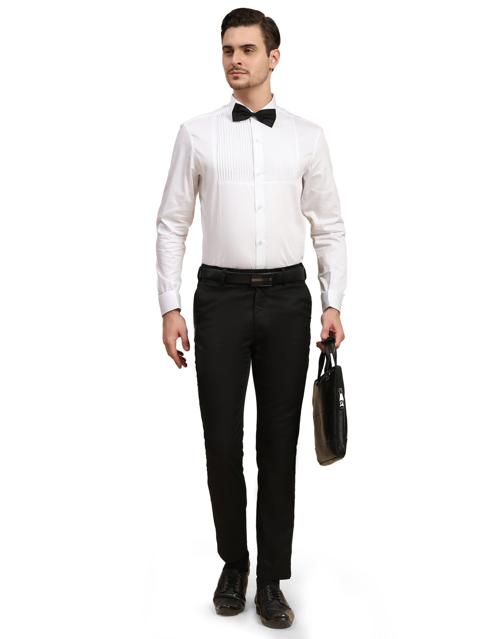 Half Pintex Tuxedo Shirt 100% Premium Cotton Satin for Men (White Colour) - Funny Bones Clothings