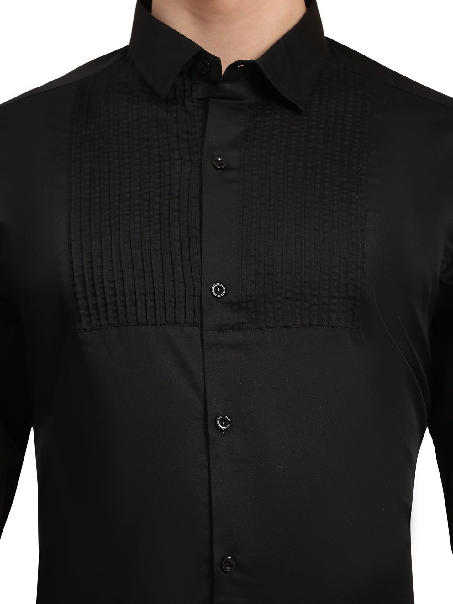 Half Pintex Tuxedo Shirt 100% Premium Cotton Satin for Men (Black Colour) - Funny Bones Clothings