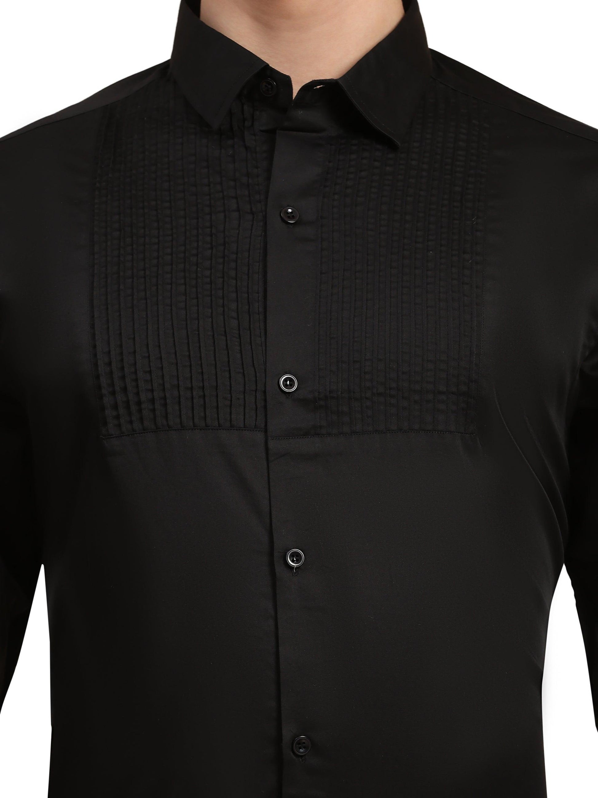 Half Pintex Tuxedo Shirt 100% Premium Cotton Satin for Men (Black Colour) - Funny Bones Clothings