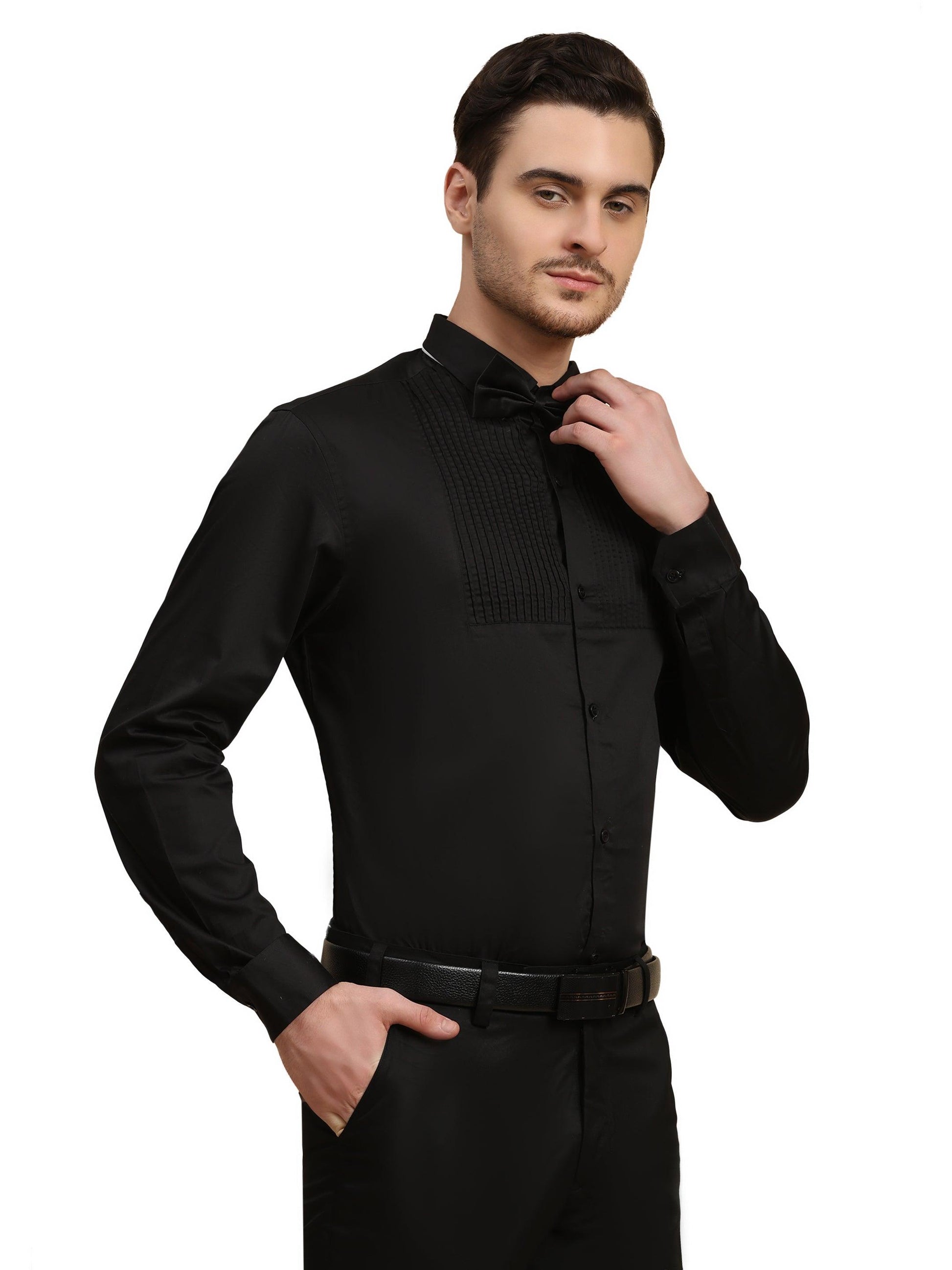 Half Pintex Tuxedo Shirt 100% Premium Cotton Satin for Men (Black Colour) - Funny Bones Clothings