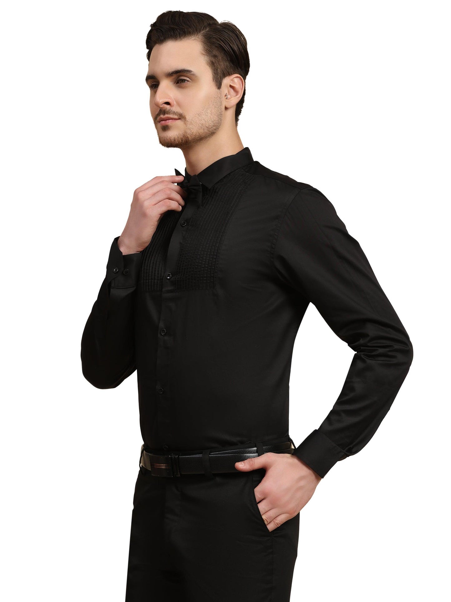 Half Pintex Tuxedo Shirt 100% Premium Cotton Satin for Men (Black Colour) - Funny Bones Clothings