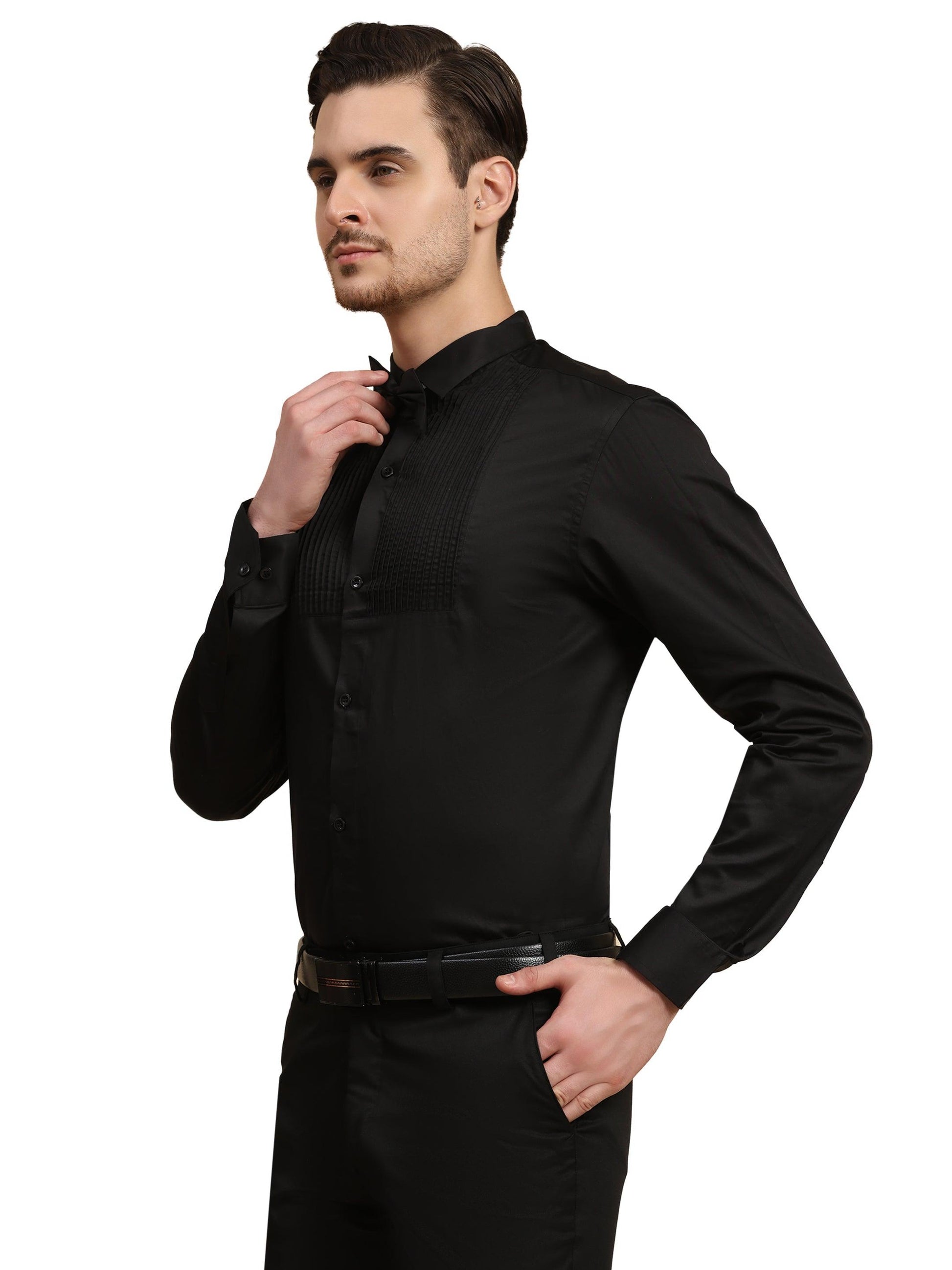 Half Pintex Tuxedo Shirt 100% Premium Cotton Satin for Men (Black Colour) - Funny Bones Clothings