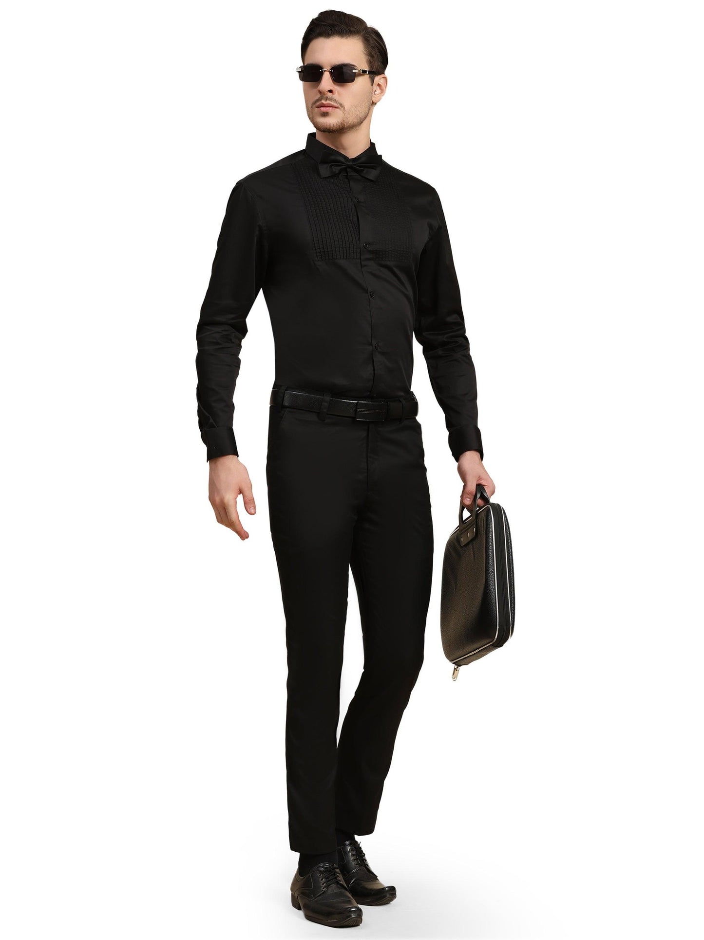 Half Pintex Tuxedo Shirt 100% Premium Cotton Satin for Men (Black Colour) - Funny Bones Clothings