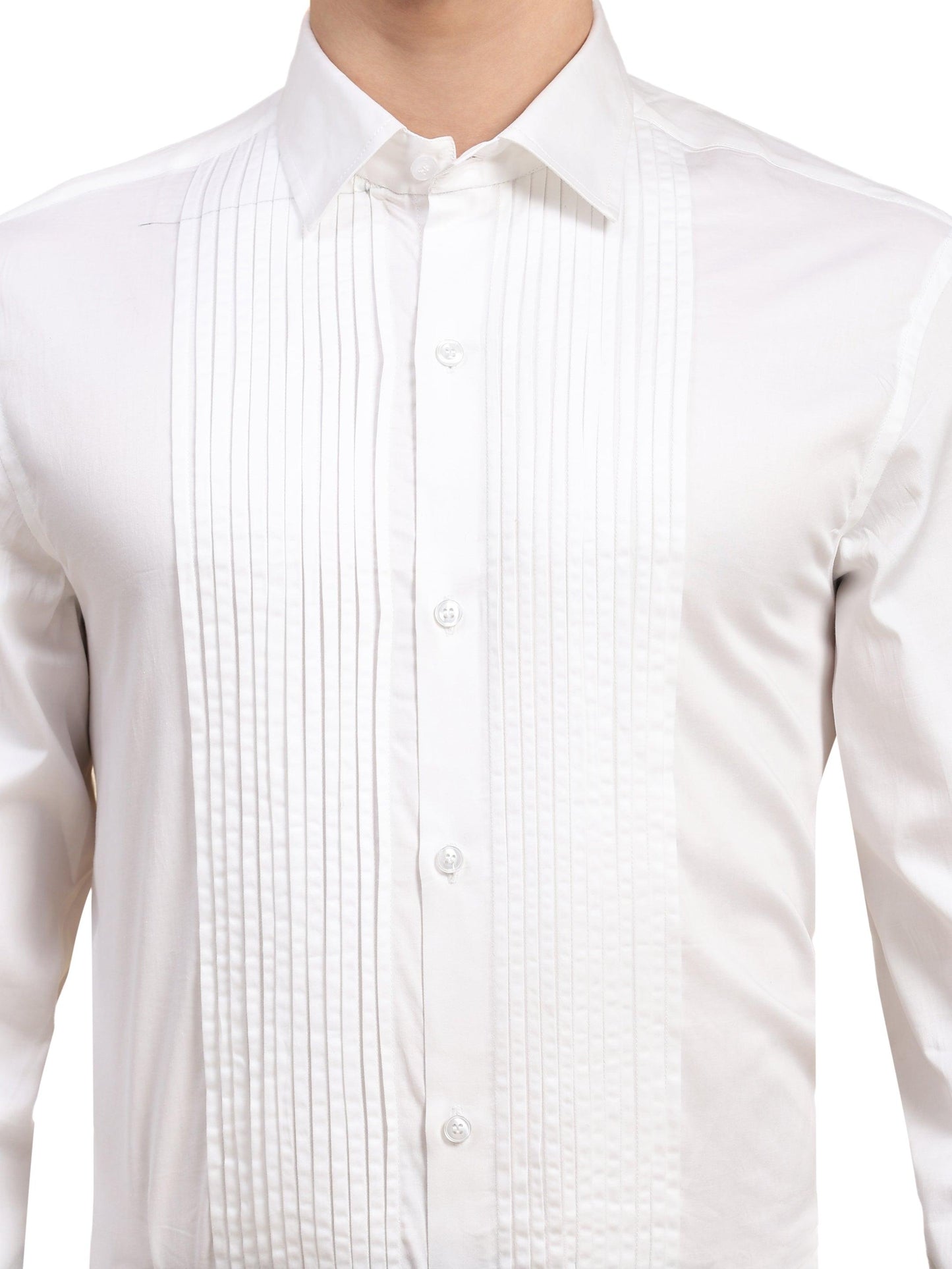 Full Pintex Tuxedo Shirt 100% Premium Cotton Satin for Men (White Colour) - Funny Bones Clothings