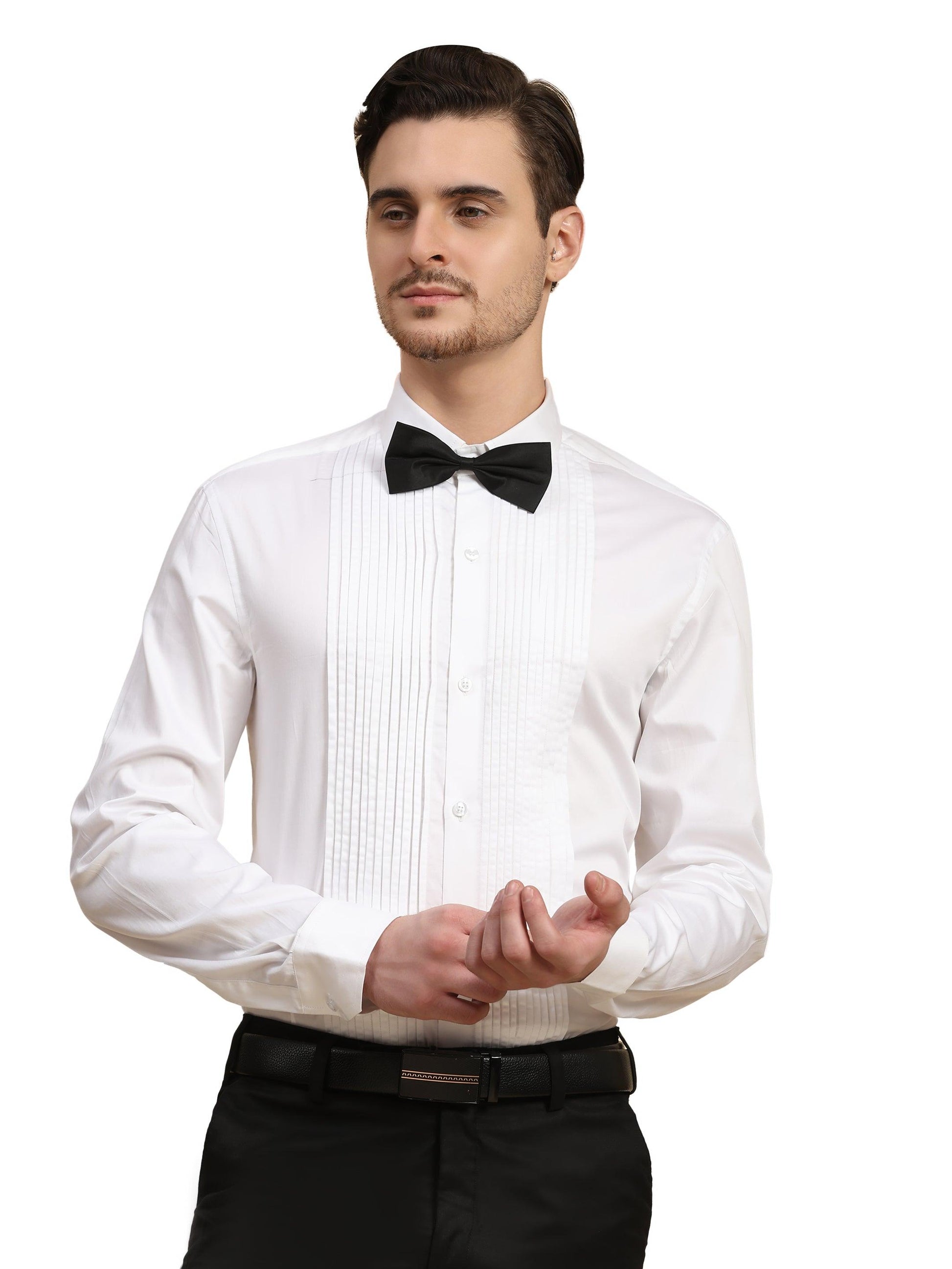 Full Pintex Tuxedo Shirt 100% Premium Cotton Satin for Men (White Colour) - Funny Bones Clothings
