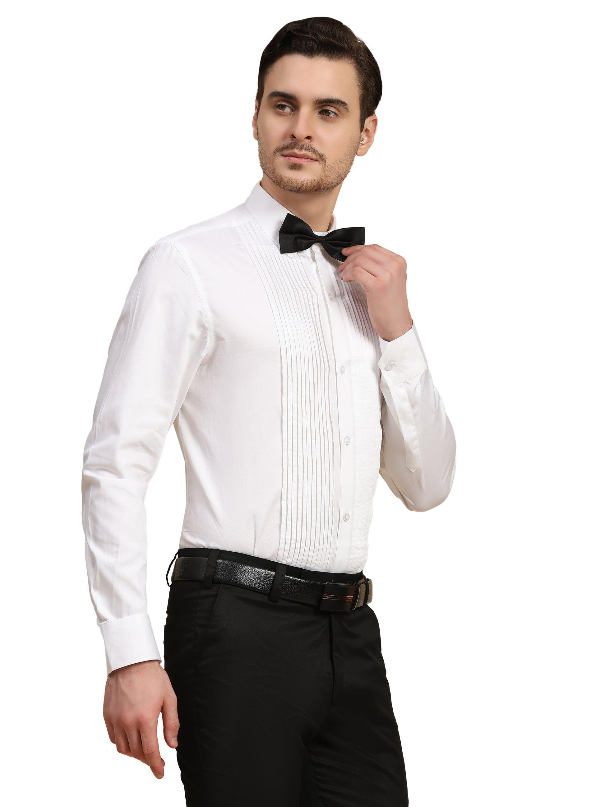 Full Pintex Tuxedo Shirt 100% Premium Cotton Satin for Men (White Colour) - Funny Bones Clothings