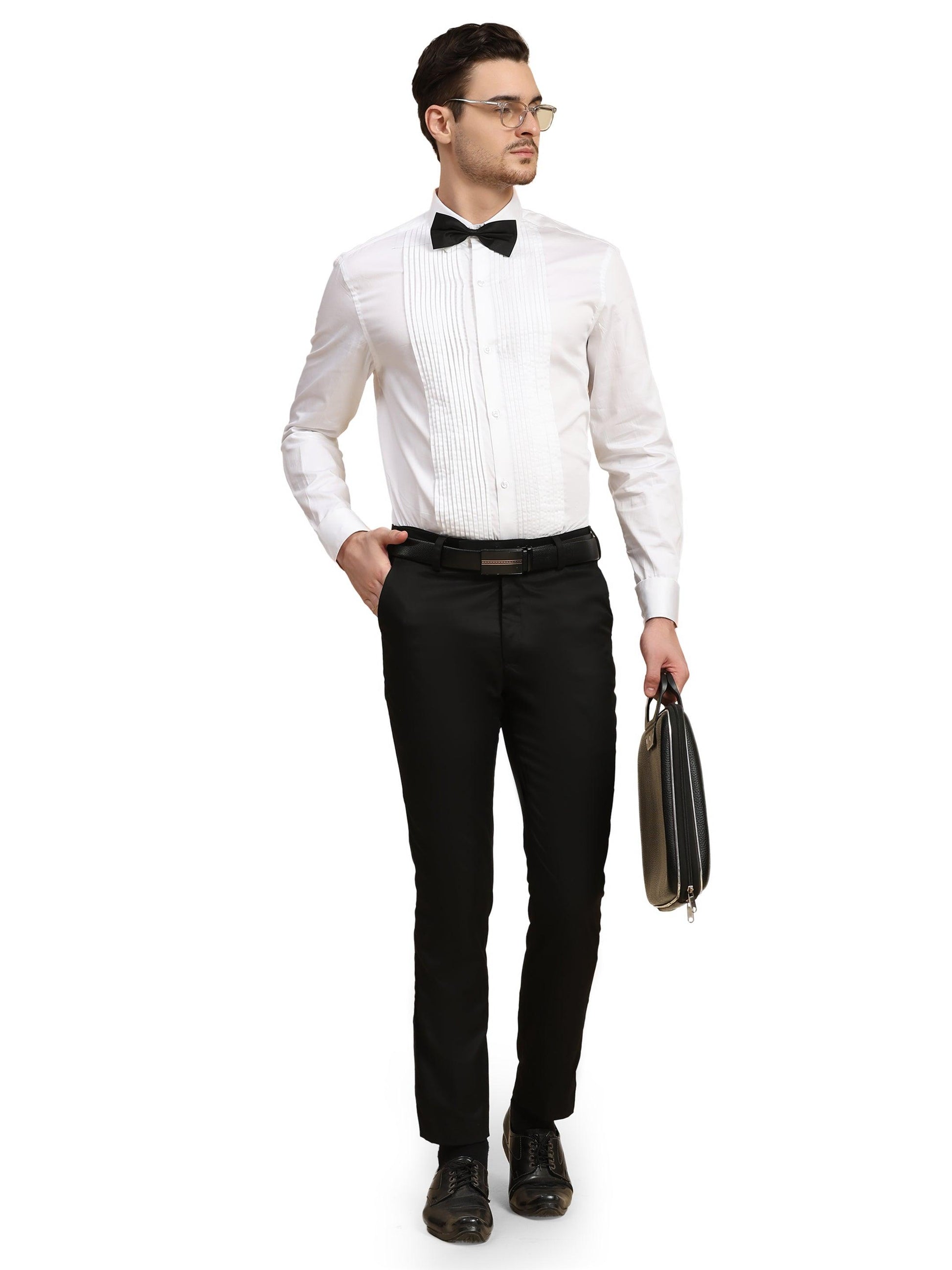 Full Pintex Tuxedo Shirt 100% Premium Cotton Satin for Men (White Colour) - Funny Bones Clothings