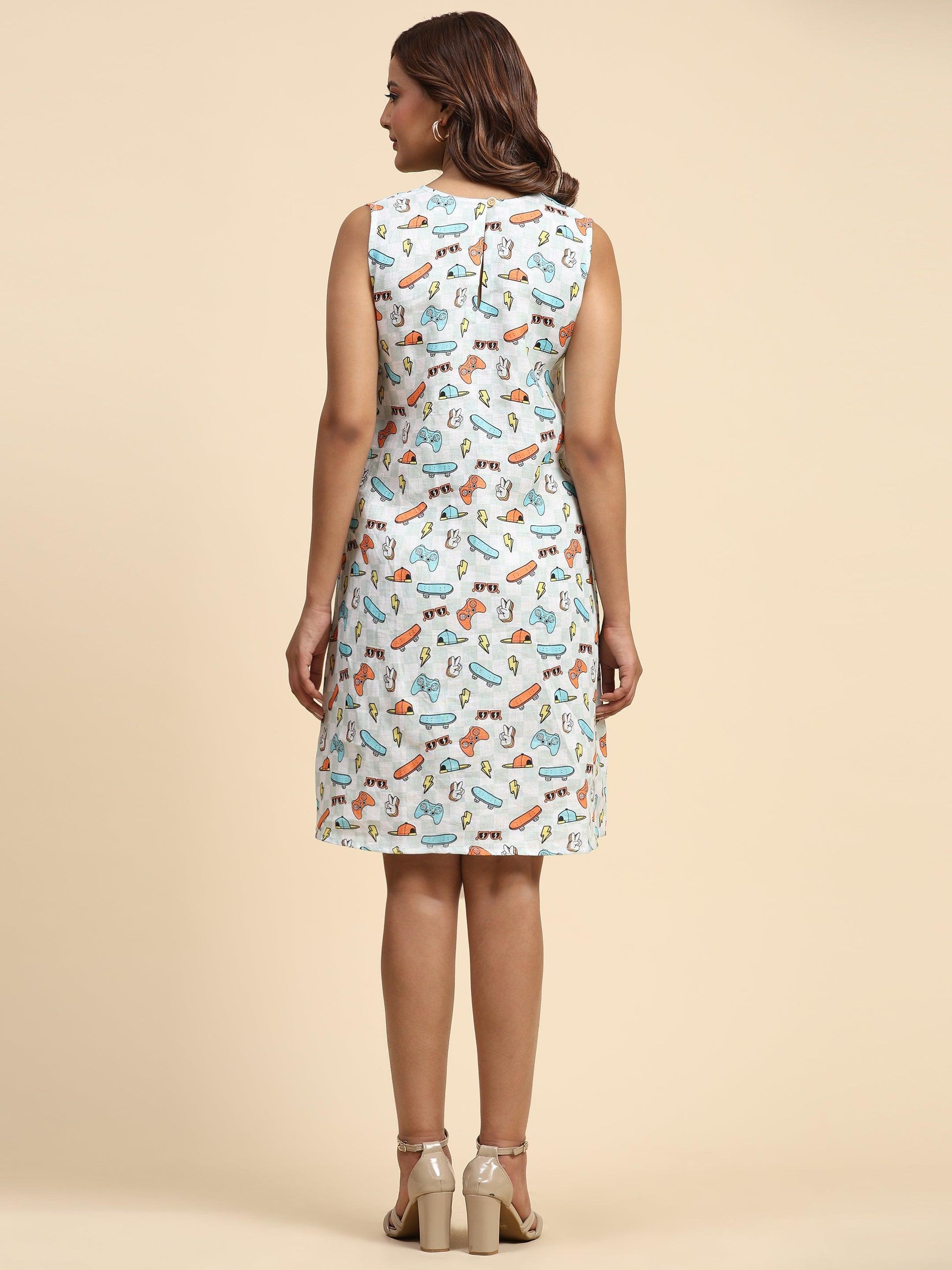 Checks and Skates Print Pure Linen Casual Dress - Funny Bones Clothings