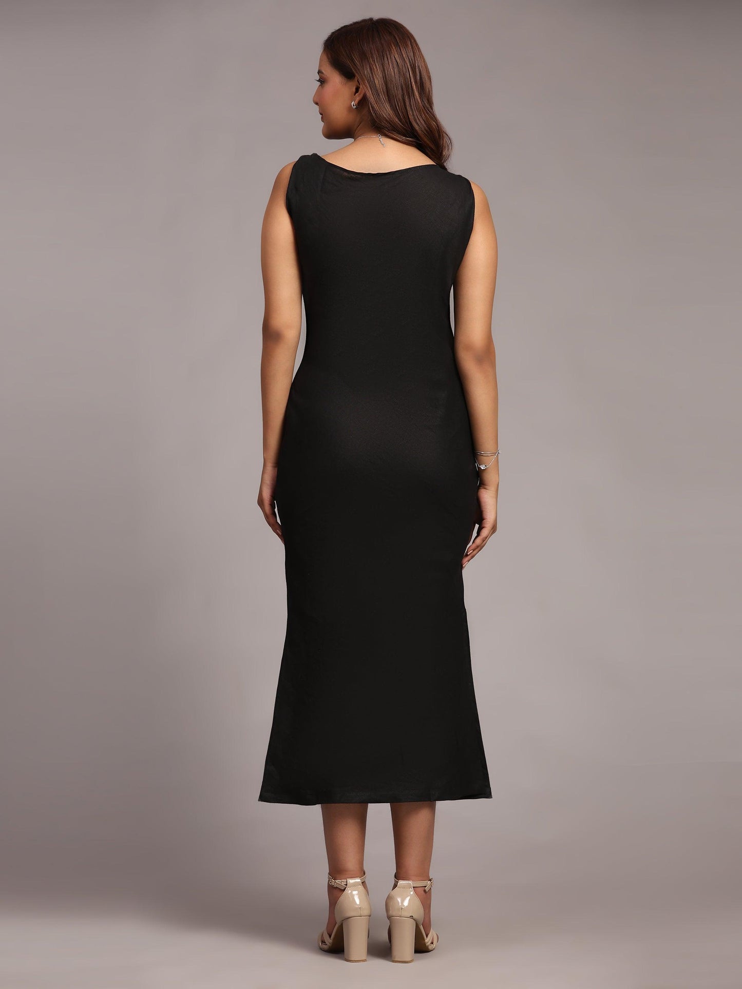 Solid Black Colour Long Dress Pure Linen - Funny Bones Clothings