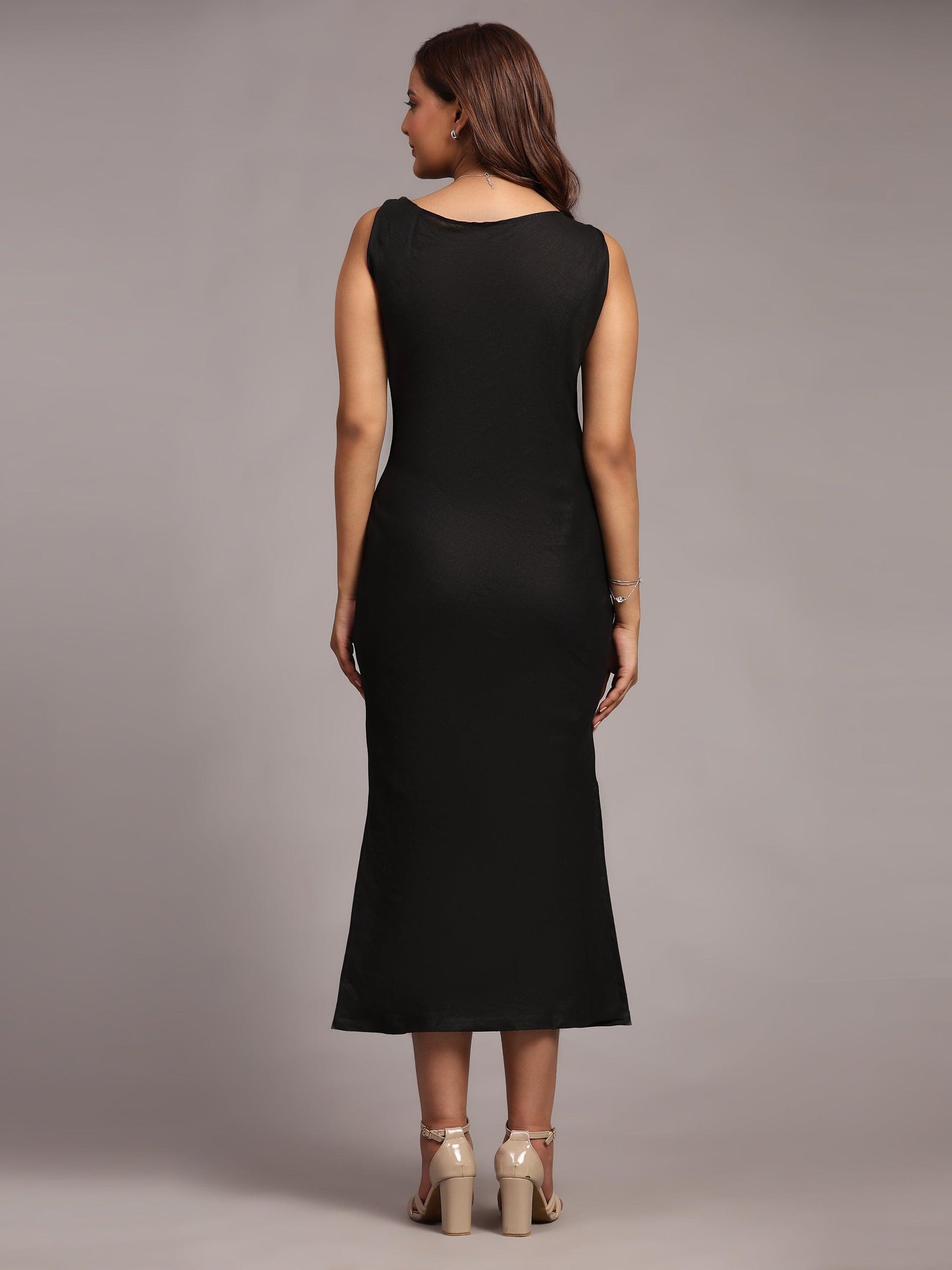 Solid Black Colour Long Dress Pure Linen - Funny Bones Clothings