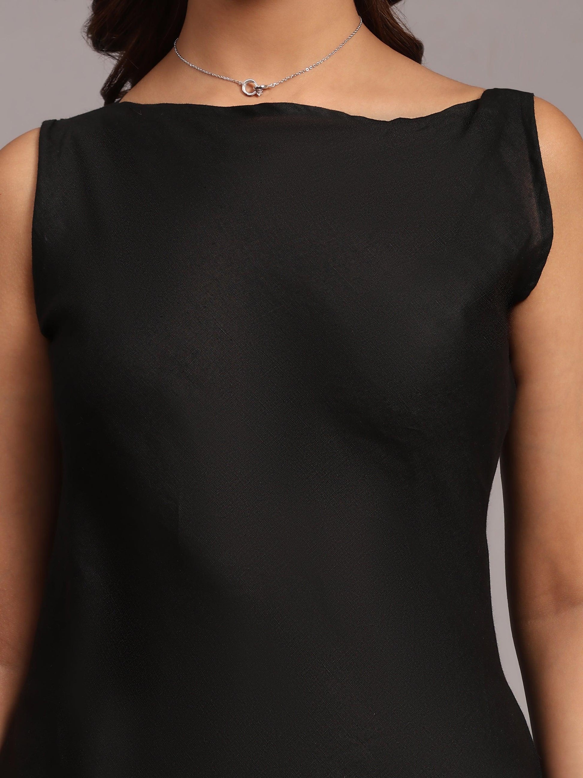 Solid Black Colour Long Dress Pure Linen - Funny Bones Clothings