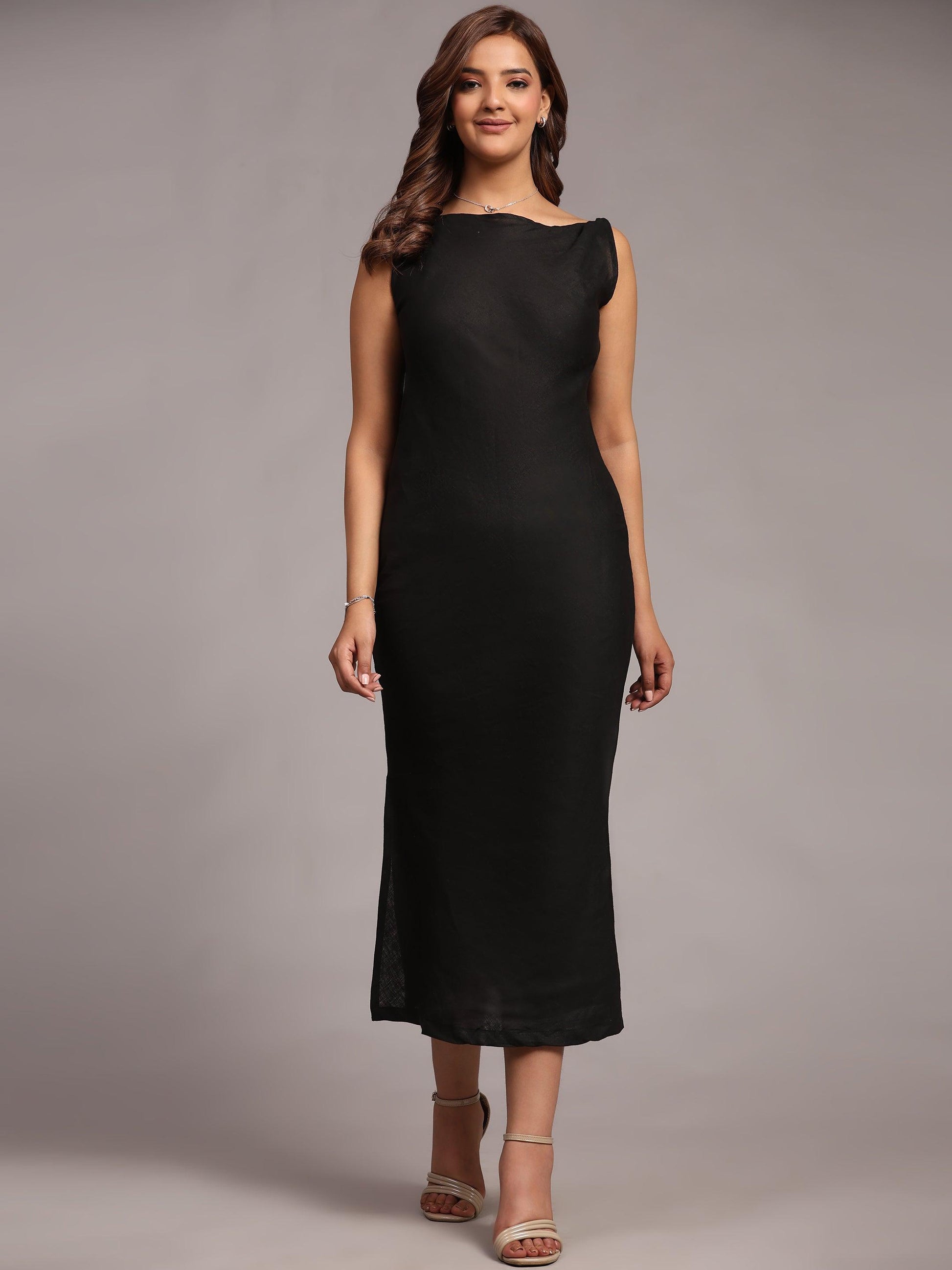 Solid Black Colour Long Dress Pure Linen - Funny Bones Clothings