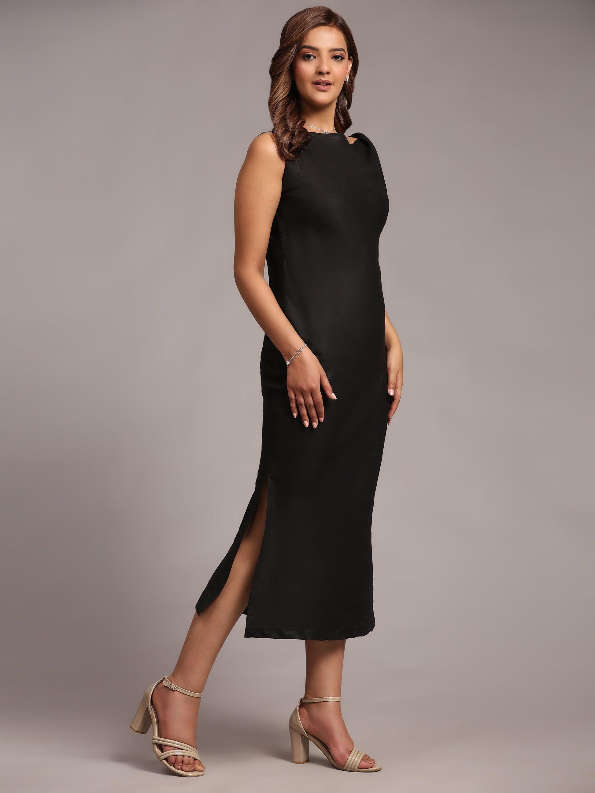Solid Black Colour Long Dress Pure Linen - Funny Bones Clothings