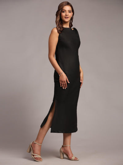 Solid Black Colour Long Dress Pure Linen - Funny Bones Clothings