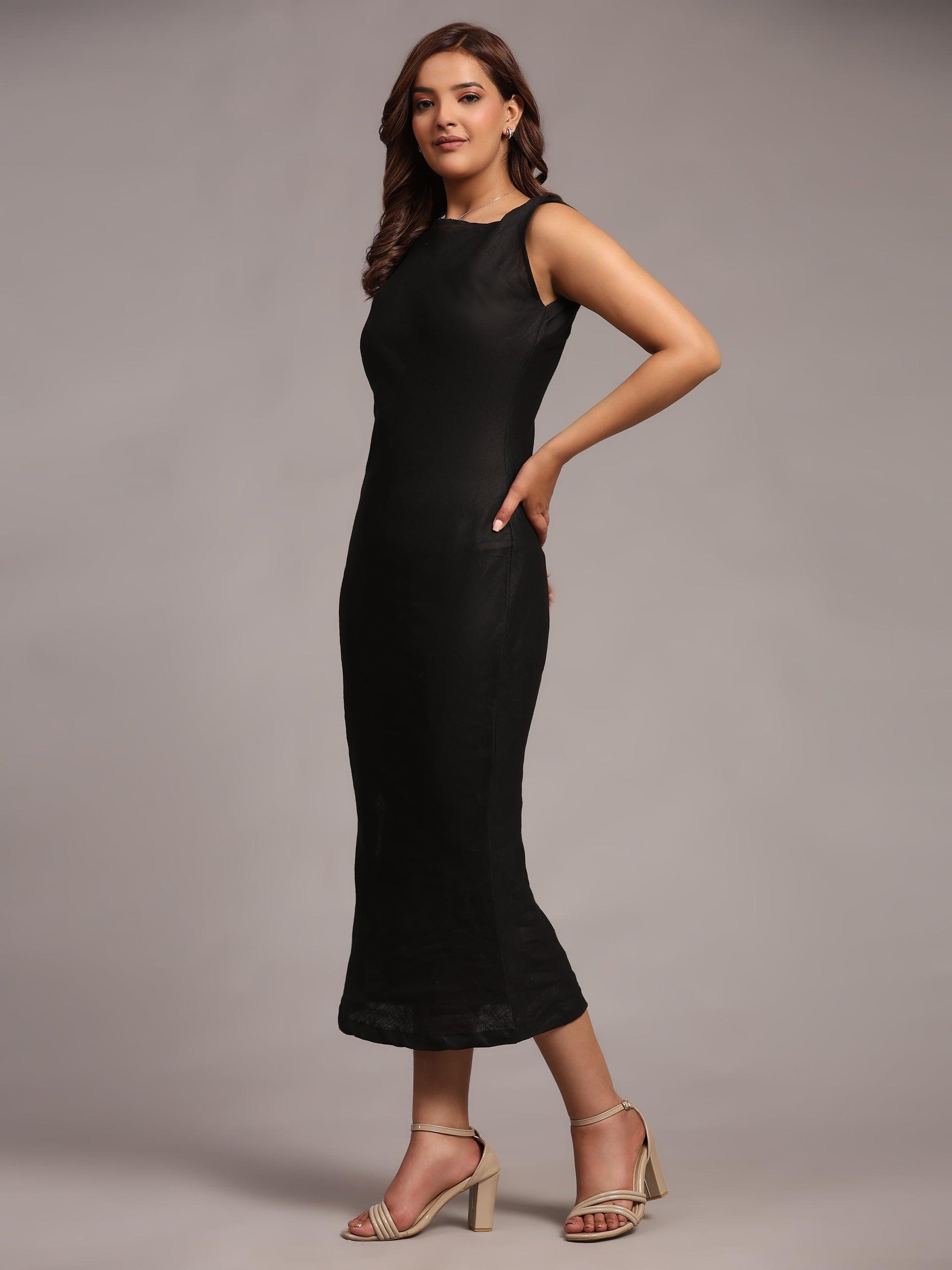 Solid Black Colour Long Dress Pure Linen - Funny Bones Clothings