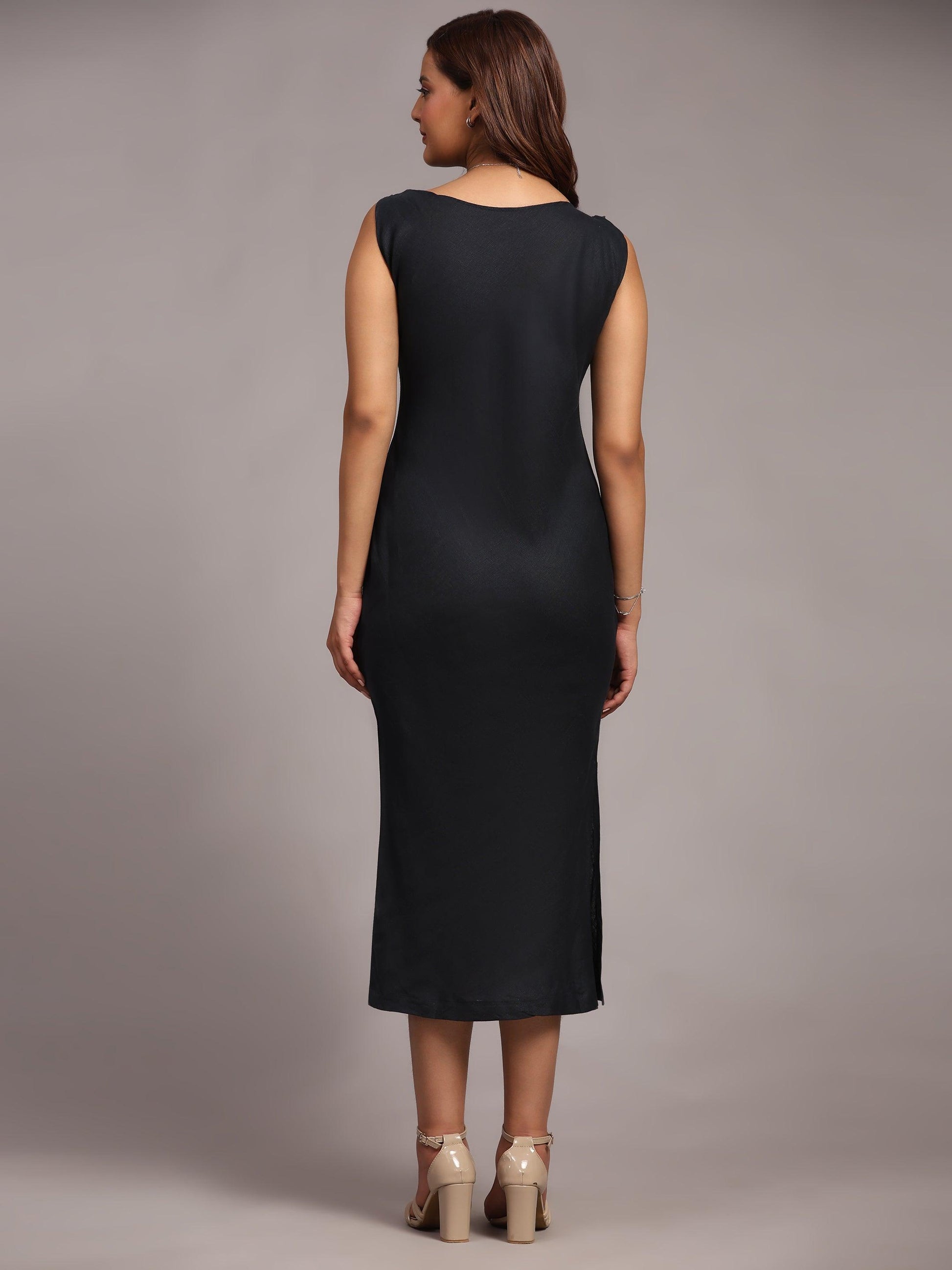 Solid Dark Blue Colour Long Dress Pure Linen - Funny Bones Clothings