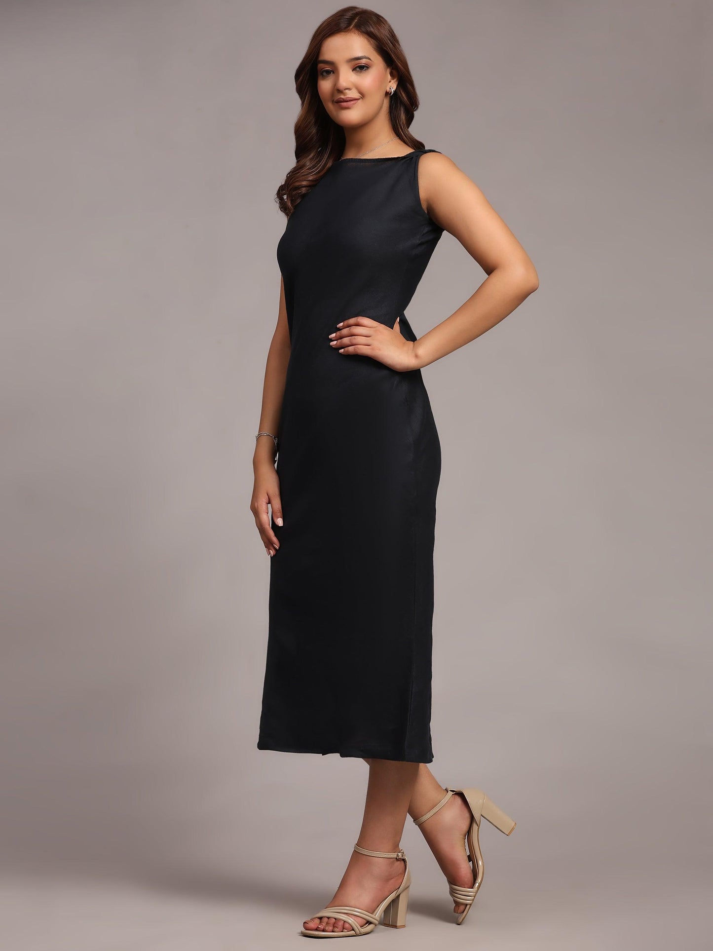 Solid Dark Blue Colour Long Dress Pure Linen - Funny Bones Clothings