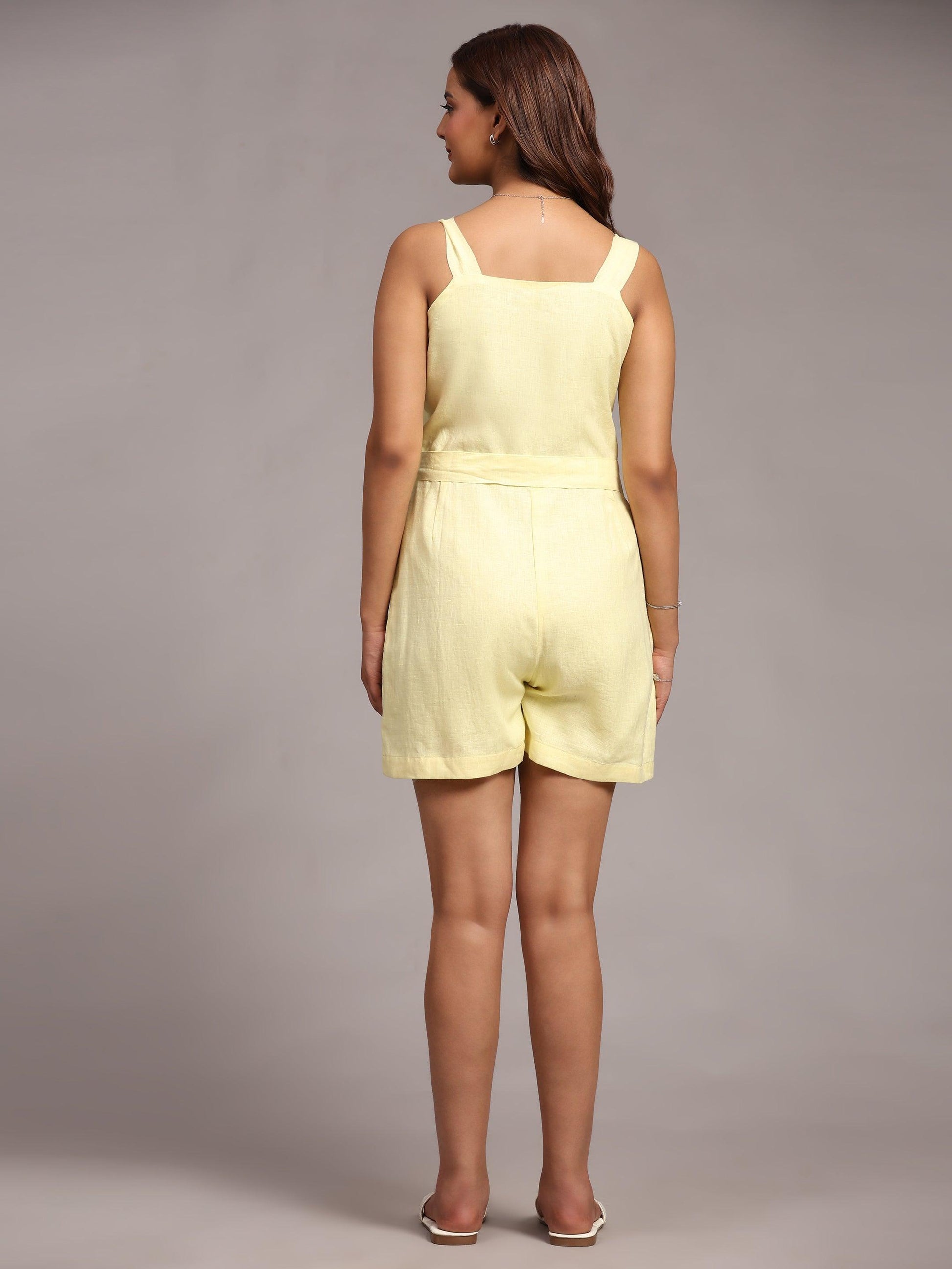 Solid Lemon Yellow Pure Linen Jumpsuit - Funny Bones Clothings