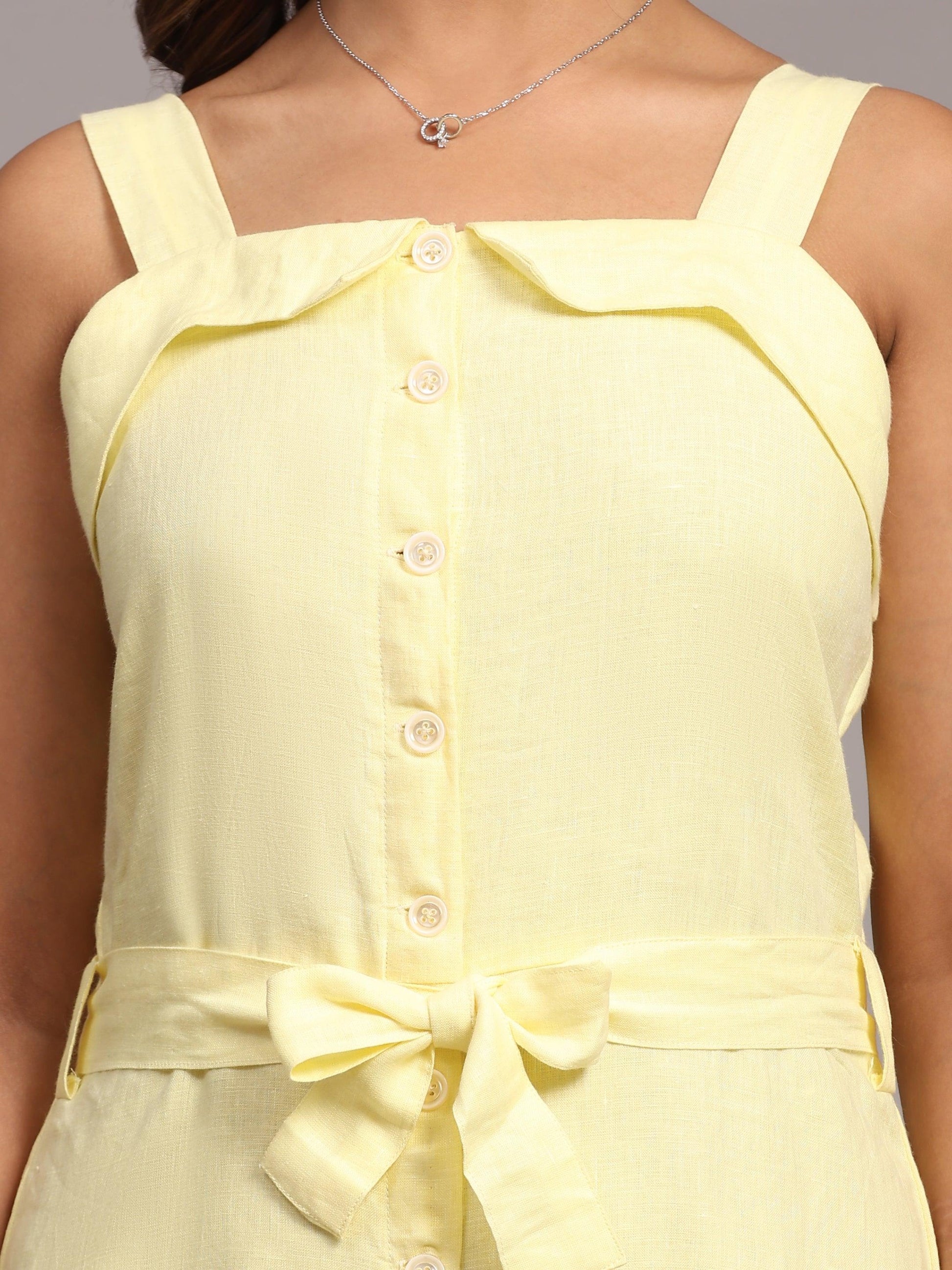 Solid Lemon Yellow Pure Linen Jumpsuit - Funny Bones Clothings