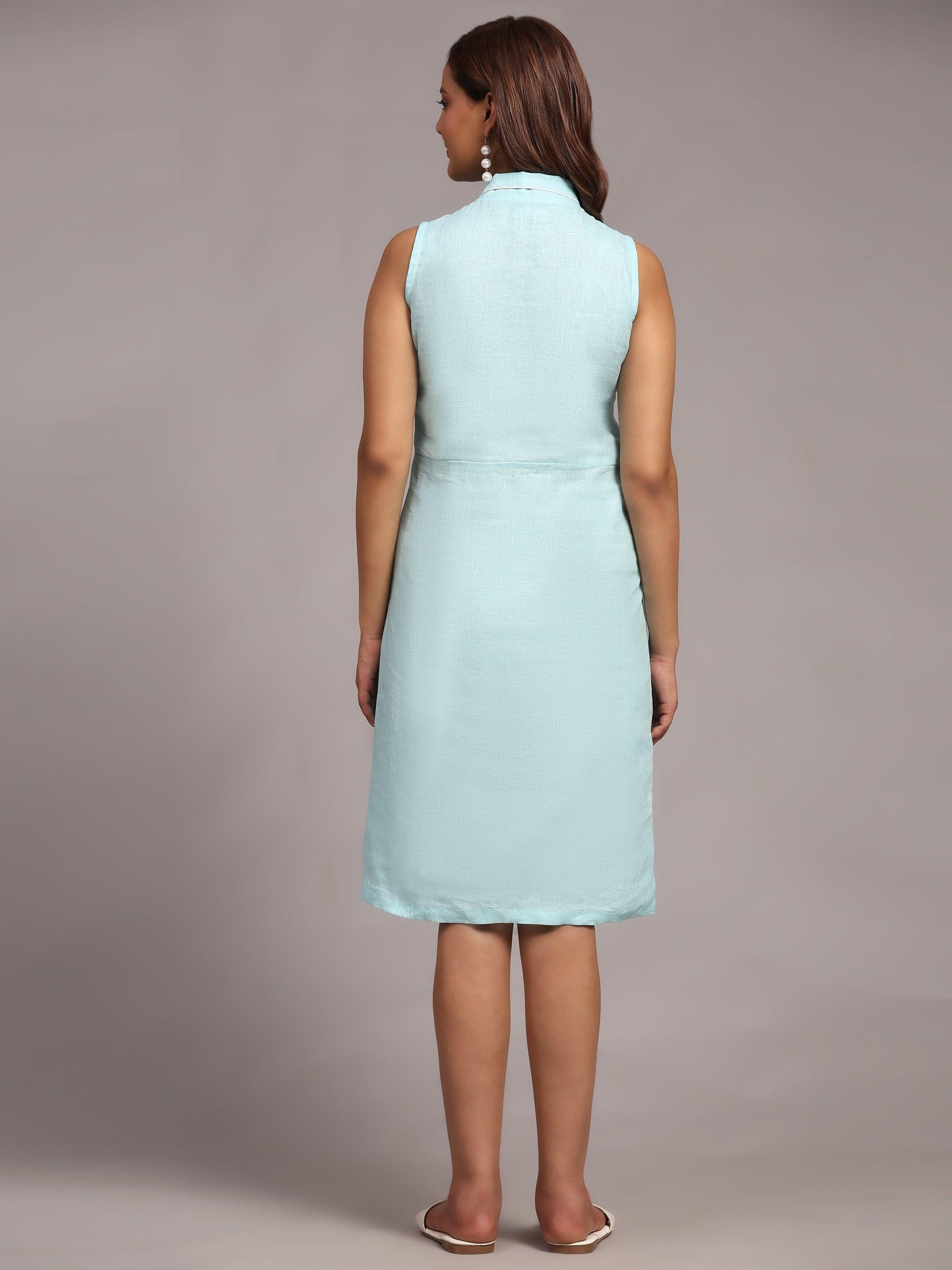 Solid Sky Blue Pure Linen Dress - Funny Bones Clothings