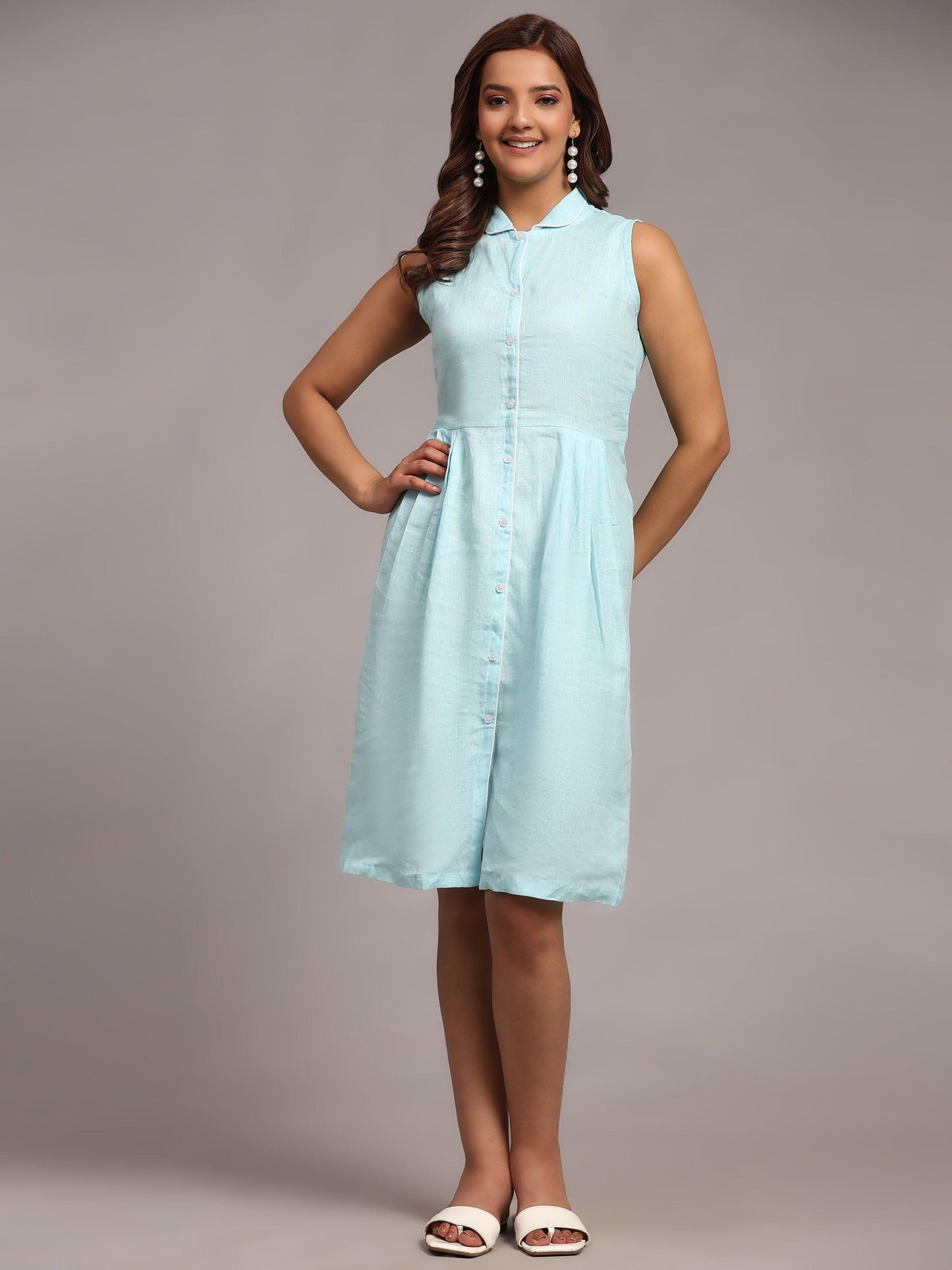 Solid Sky Blue Pure Linen Dress - Funny Bones Clothings