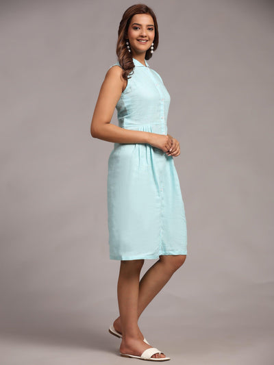 Solid Sky Blue Pure Linen Dress - Funny Bones Clothings