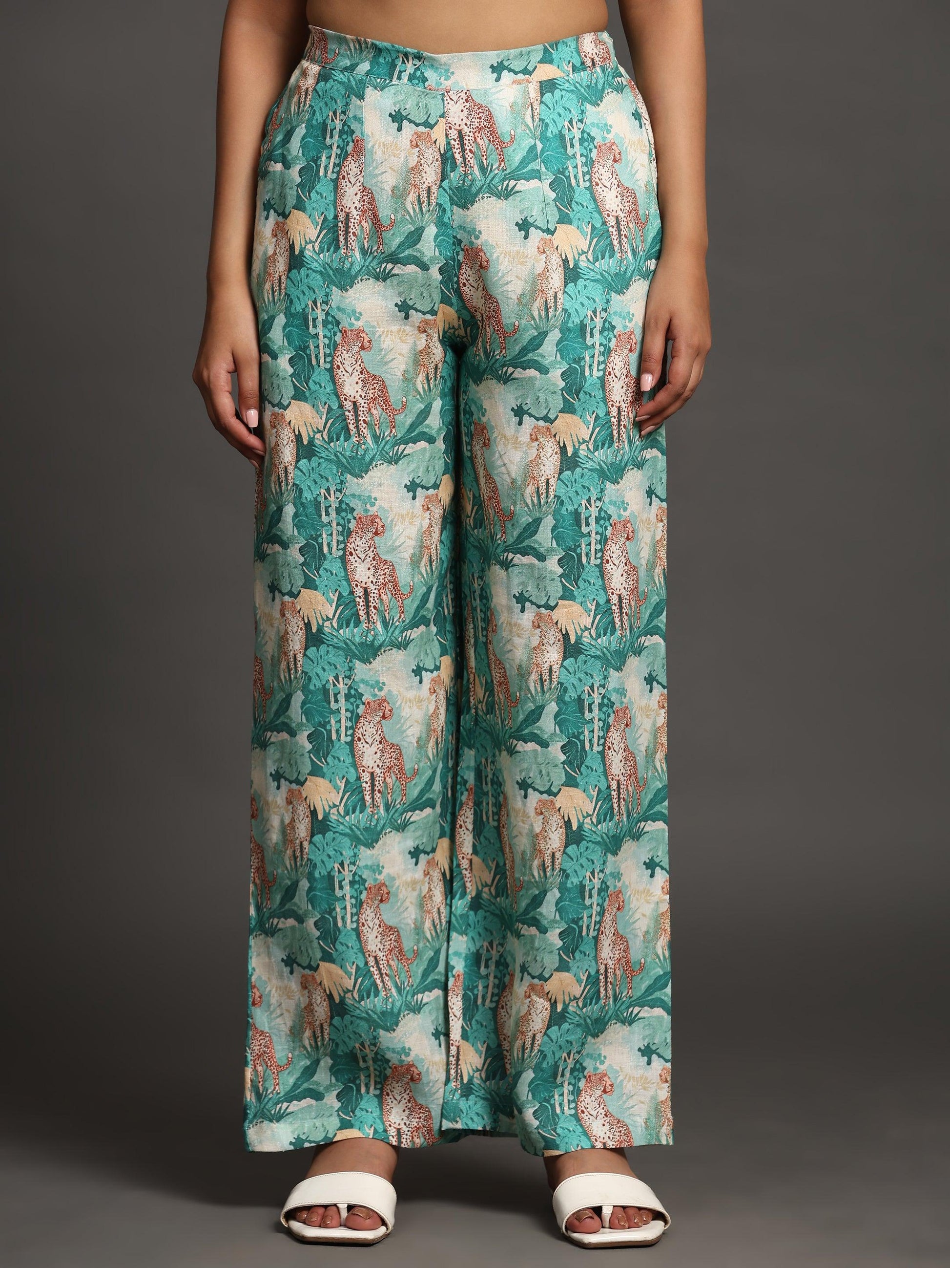 Green Forest and Leopard Print Pure Linen Top and Straight Pants Coord Set - Funny Bones Clothings