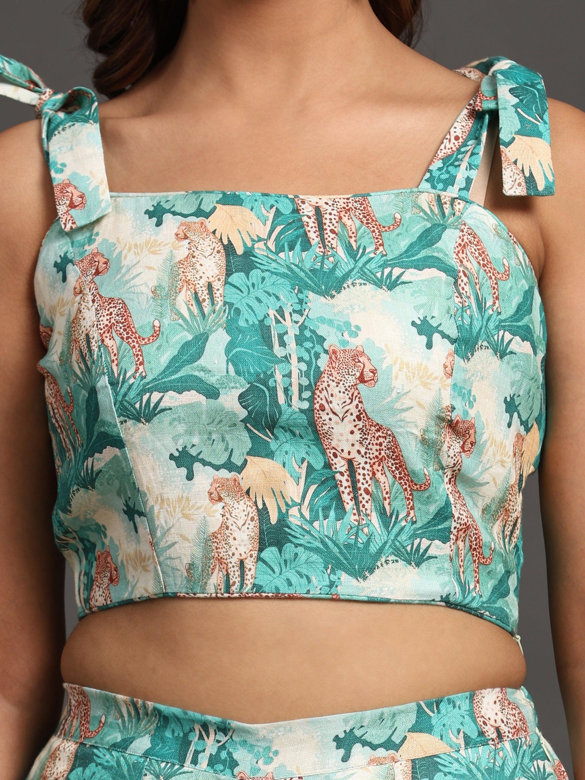 Green Forest and Leopard Print Pure Linen Top and Straight Pants Coord Set - Funny Bones Clothings