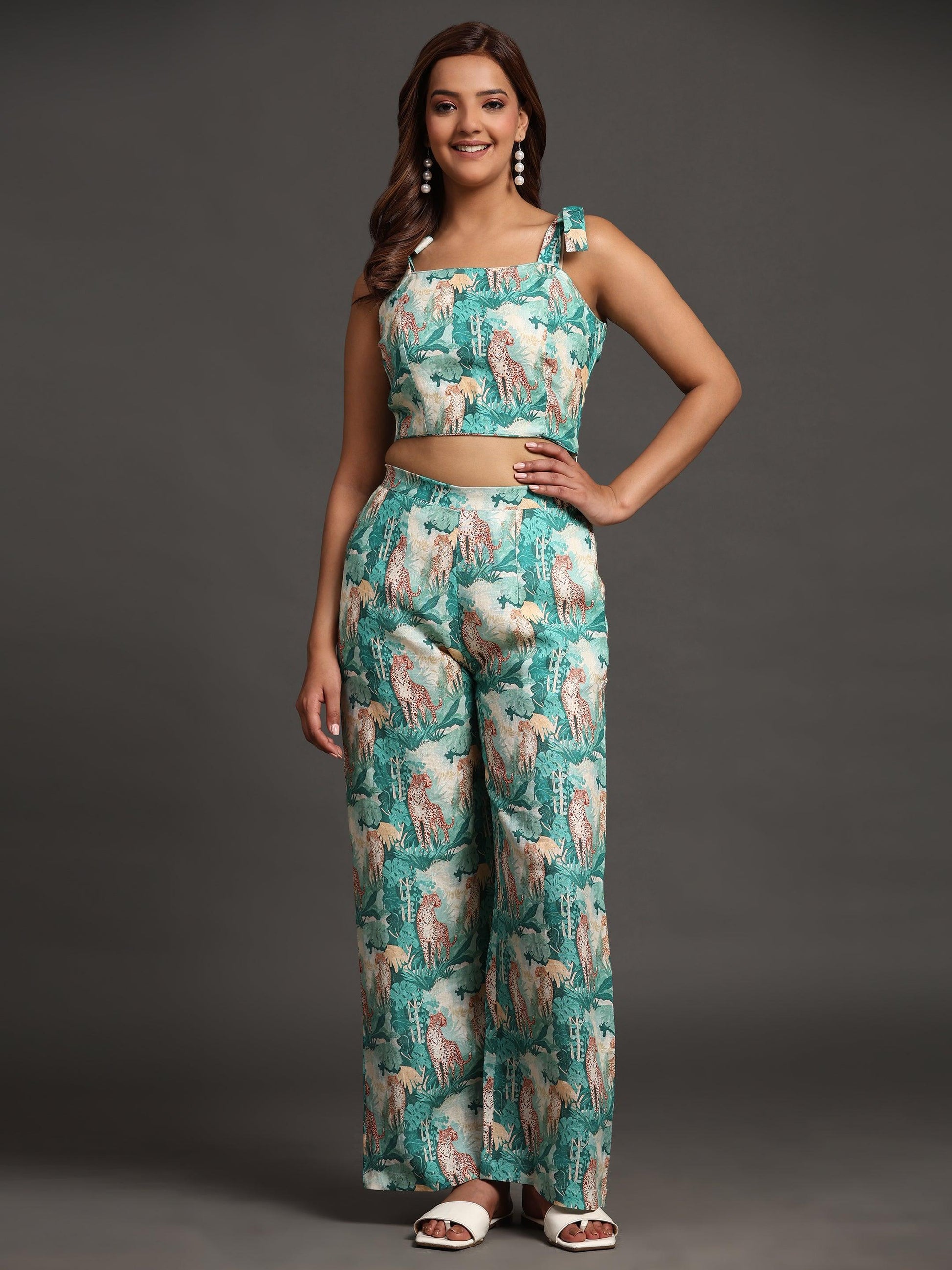 Green Forest and Leopard Print Pure Linen Top and Straight Pants Coord Set - Funny Bones Clothings