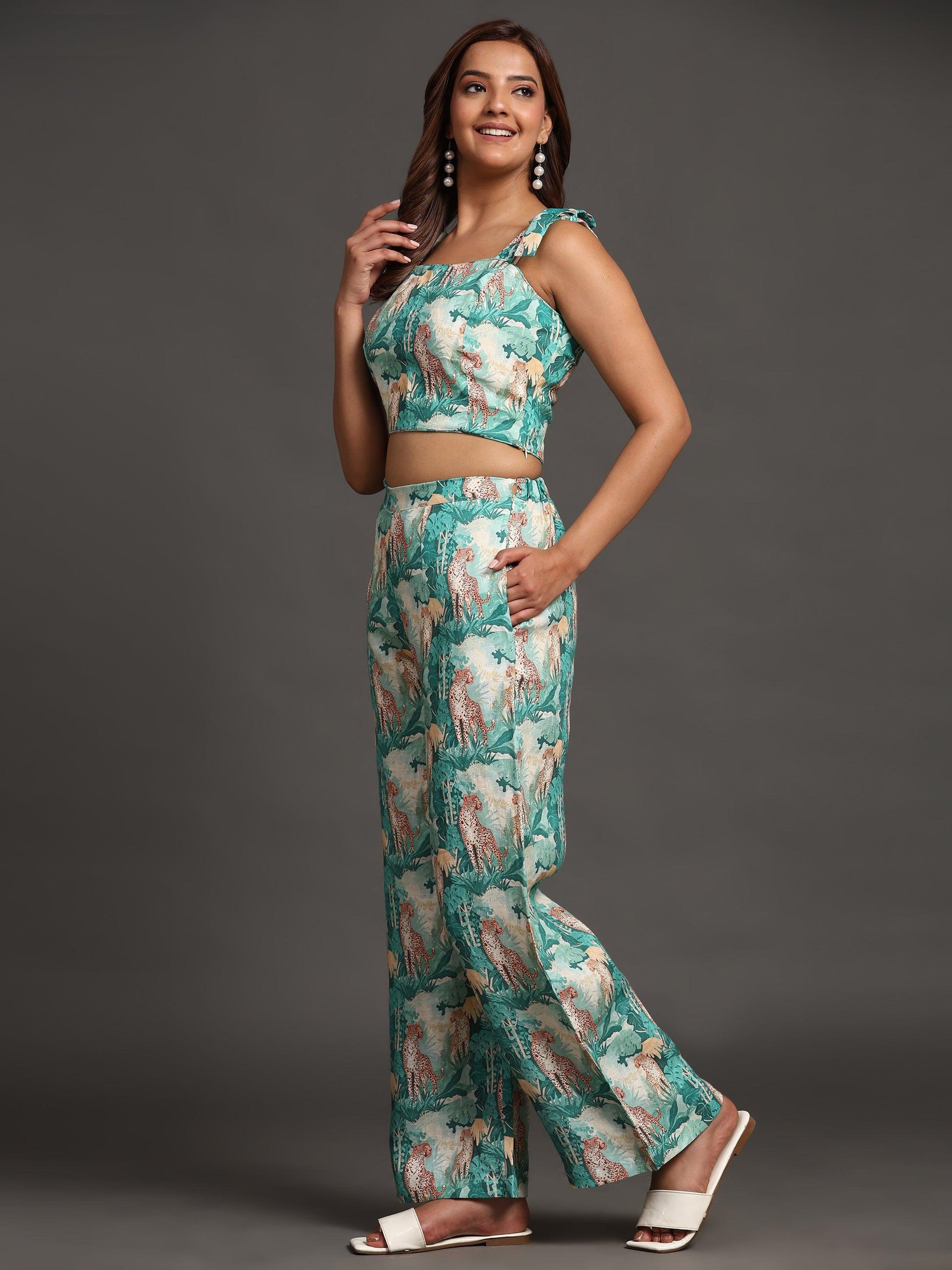 Green Forest and Leopard Print Pure Linen Top and Straight Pants Coord Set - Funny Bones Clothings