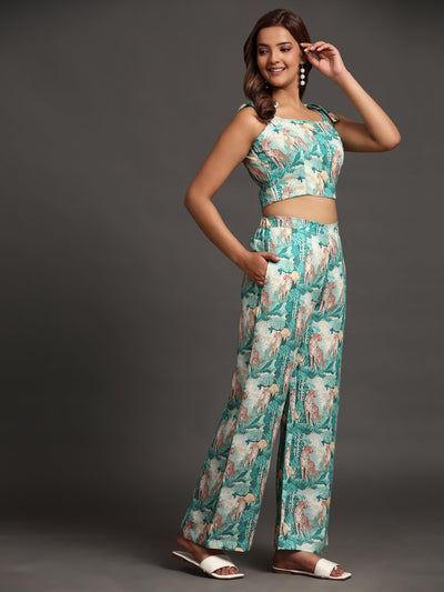 Green Forest and Leopard Print Pure Linen Top and Straight Pants Coord Set - Funny Bones Clothings