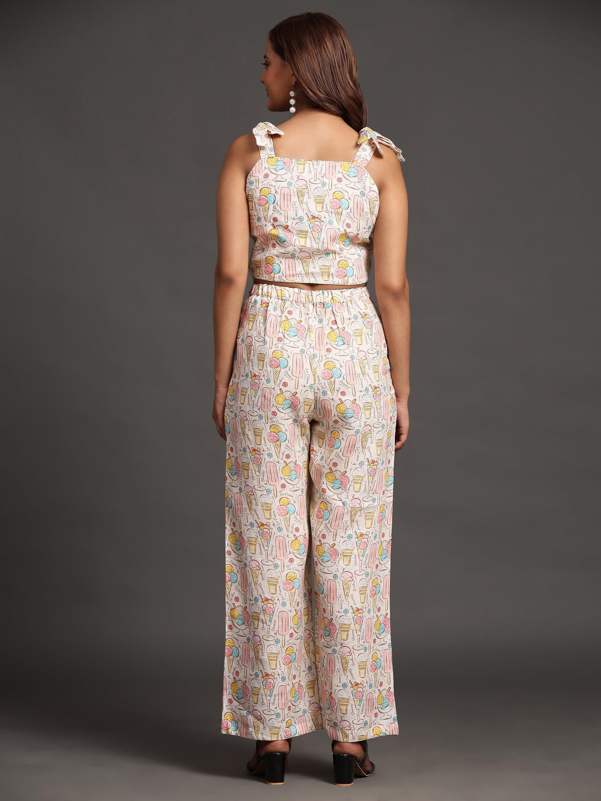 Candies and Icecream Print Pure Linen Top and Straight Pants Coord Set - Funny Bones Clothings