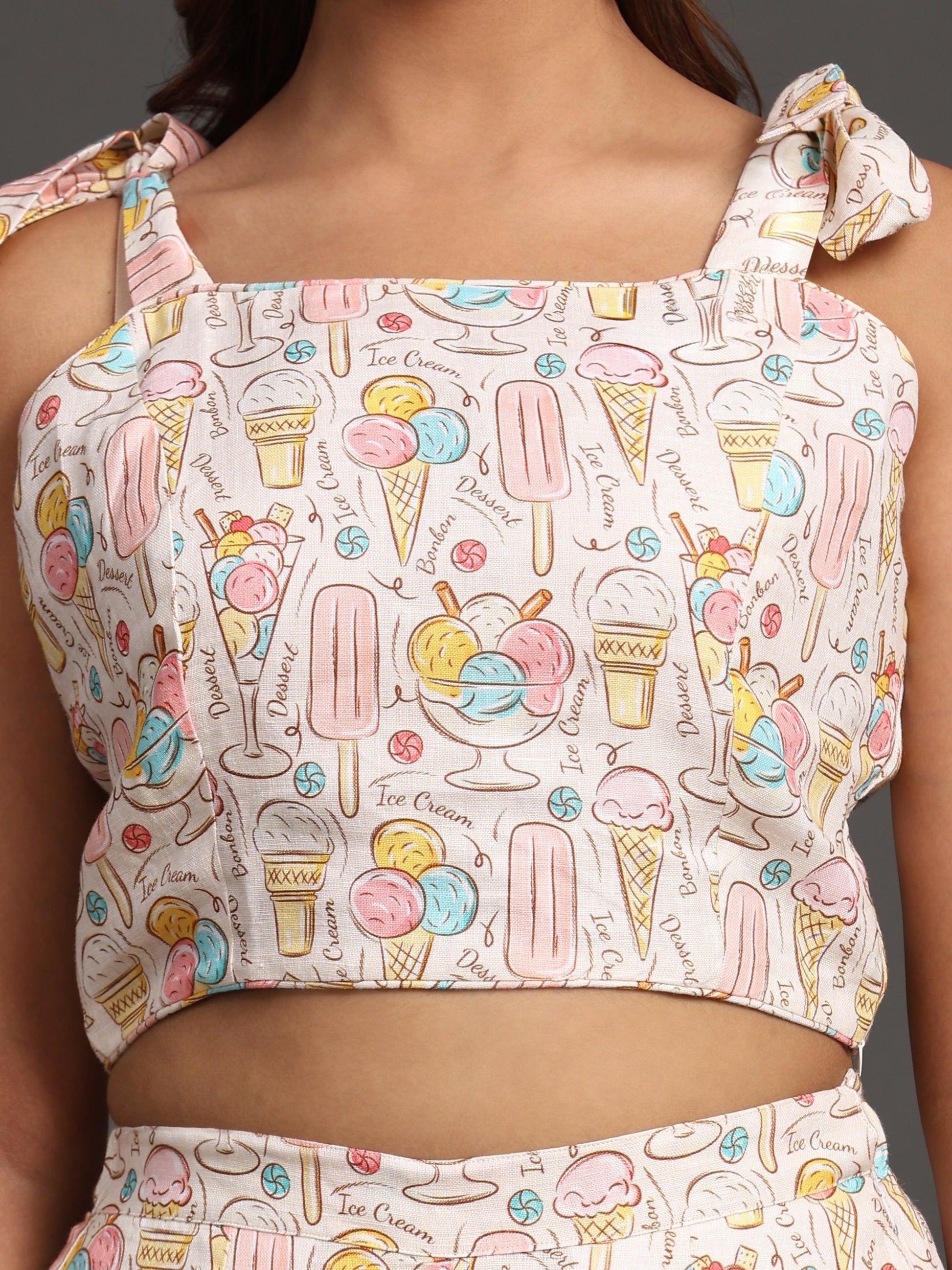 Candies and Icecream Print Pure Linen Top and Straight Pants Coord Set - Funny Bones Clothings
