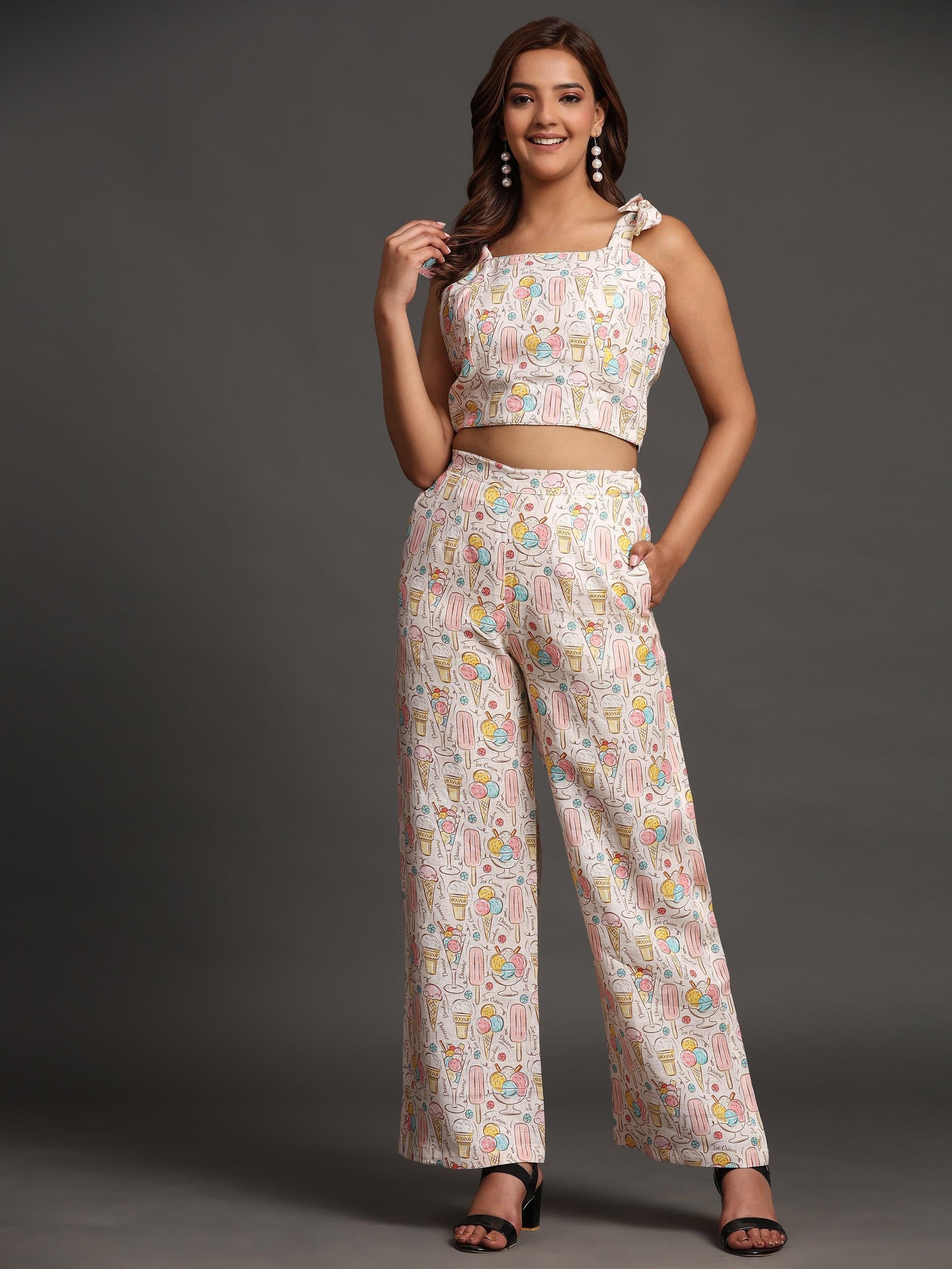 Candies and Icecream Print Pure Linen Top and Straight Pants Coord Set - Funny Bones Clothings