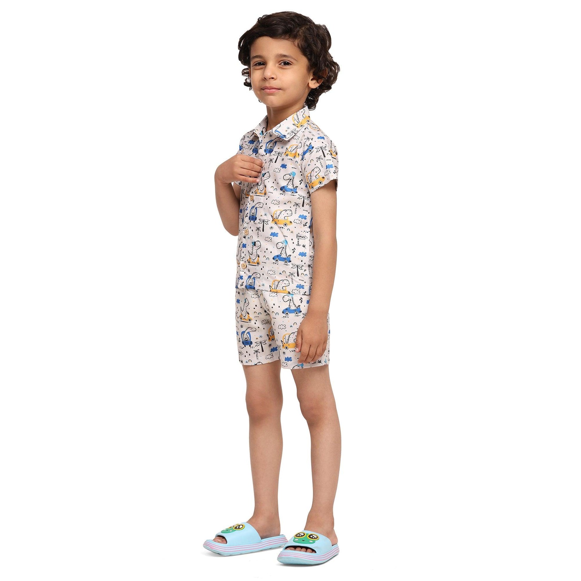 Dino on Car Print Vestiario's Blend Linen Co-ords - Funny Bones Clothings