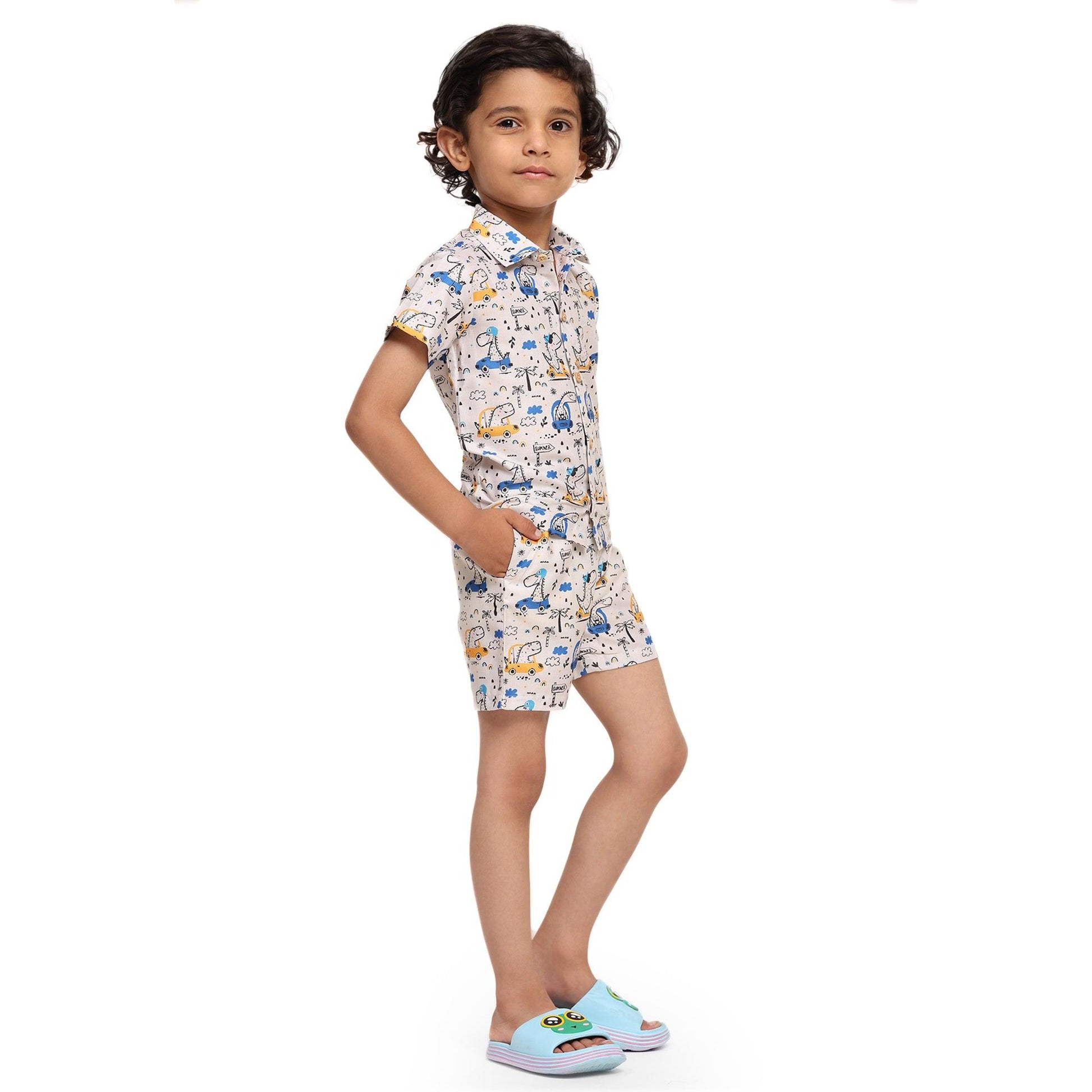 Dino on Car Print Vestiario's Blend Linen Co-ords - Funny Bones Clothings