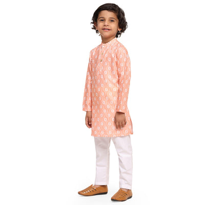 White Orange Flower Print Vestiario's Blend Linen Kurta Pajama Set - Funny Bones Clothings