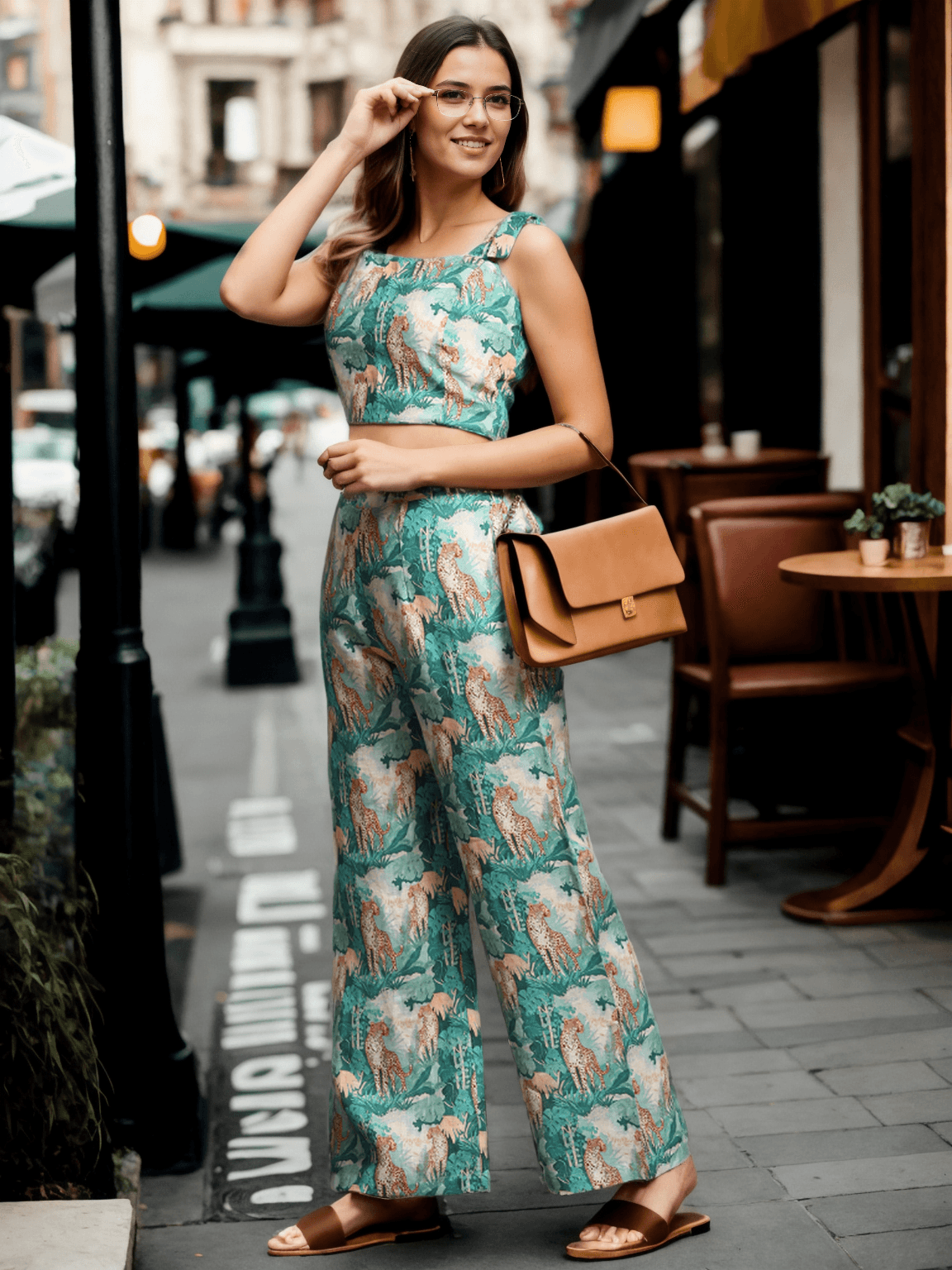 Green Forest and Leopard Print Pure Linen Top and Straight Pants Coord Set - Funny Bones Clothings