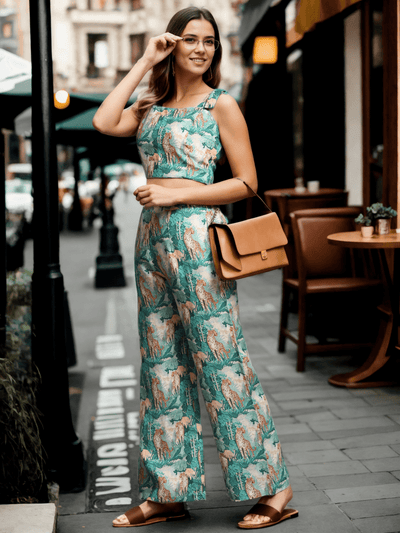 Green Forest and Leopard Print Pure Linen Top and Straight Pants Coord Set - Funny Bones Clothings