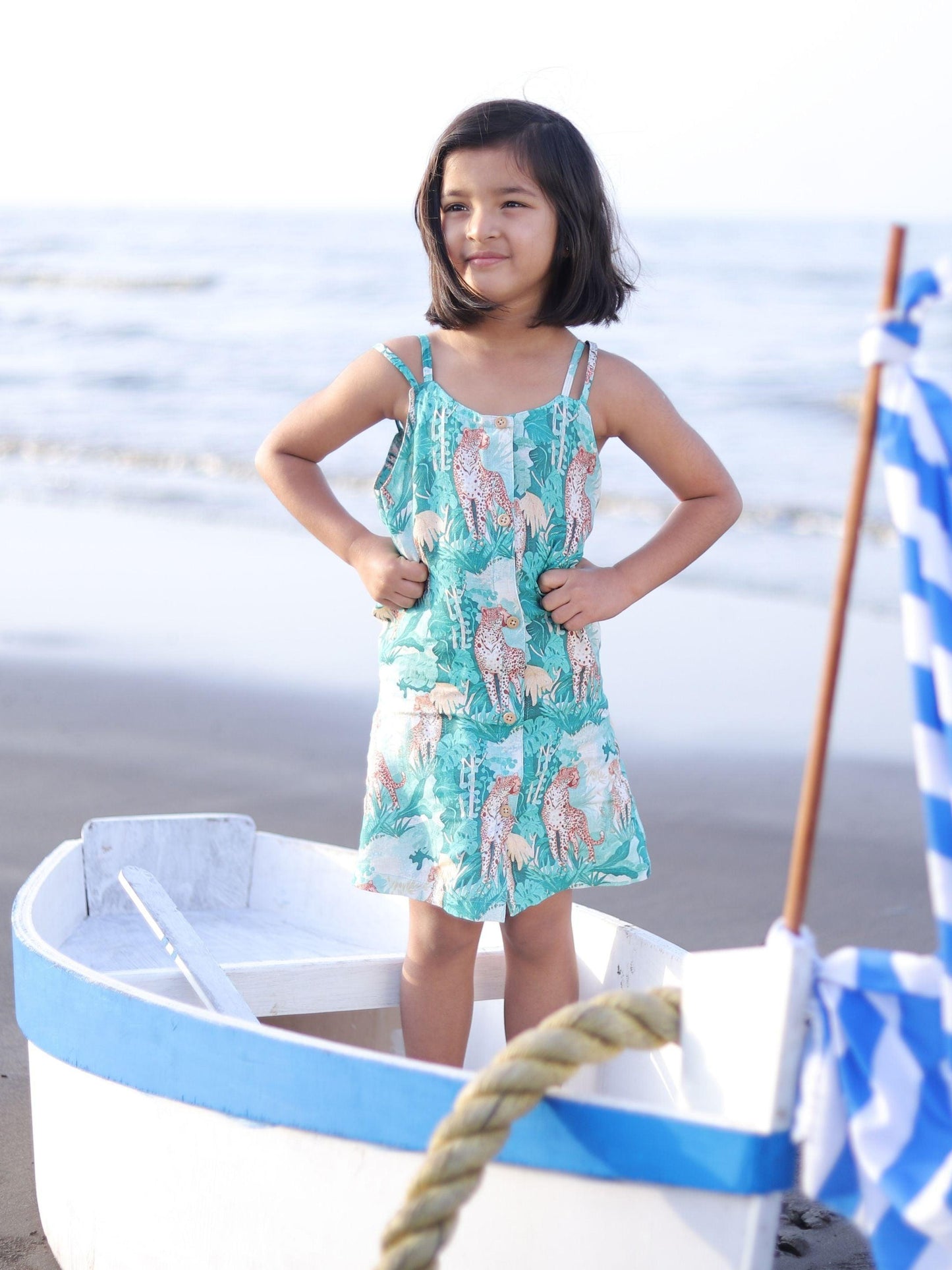 Green Forest and Leopard Print Pure Linen Dress - Funny Bones Clothings