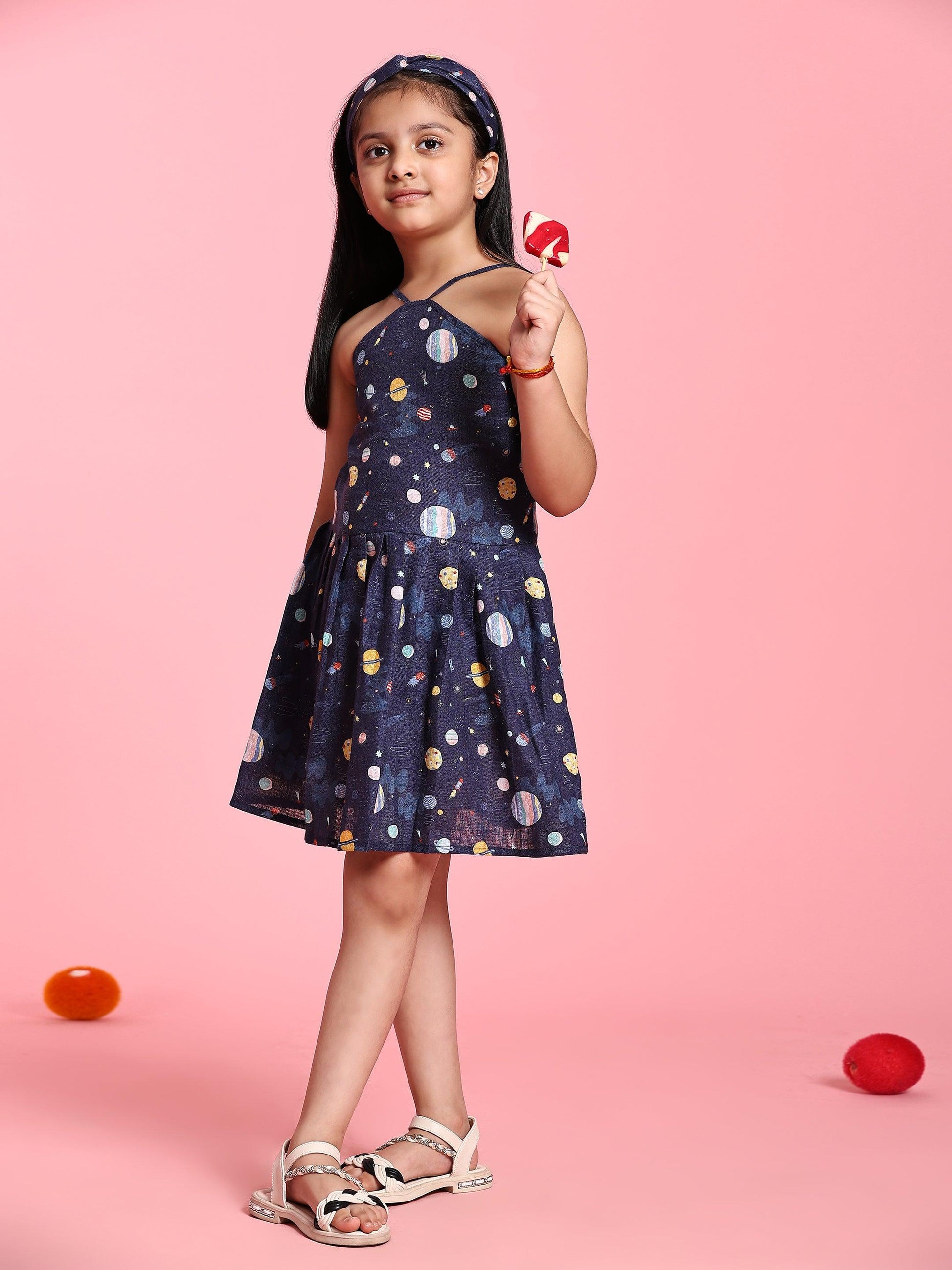 TopSkirt Styled Planet Print Pure Linen Dress - Funny Bones Clothings